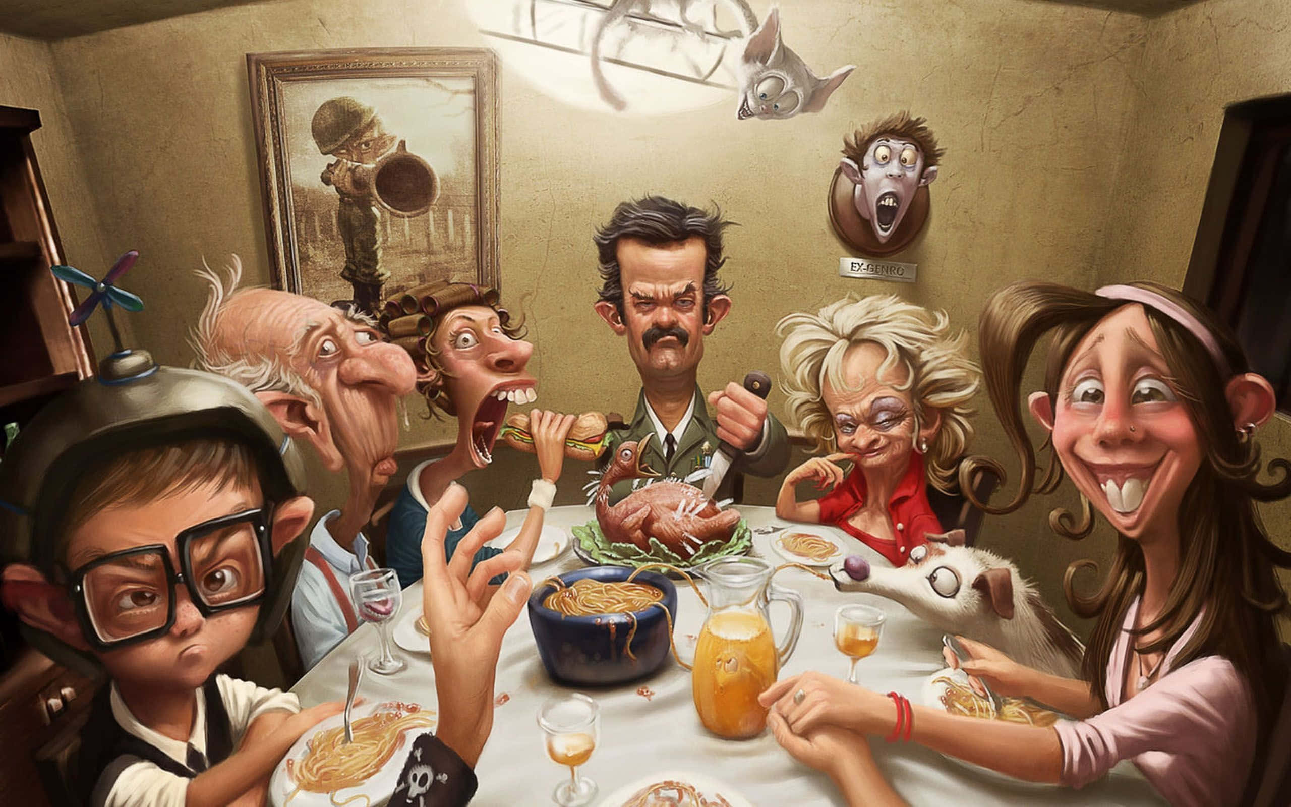 Funny Thanksgiving Family Dinner, cartoon dinner party, pasta, 2K Desktop Wallpaper