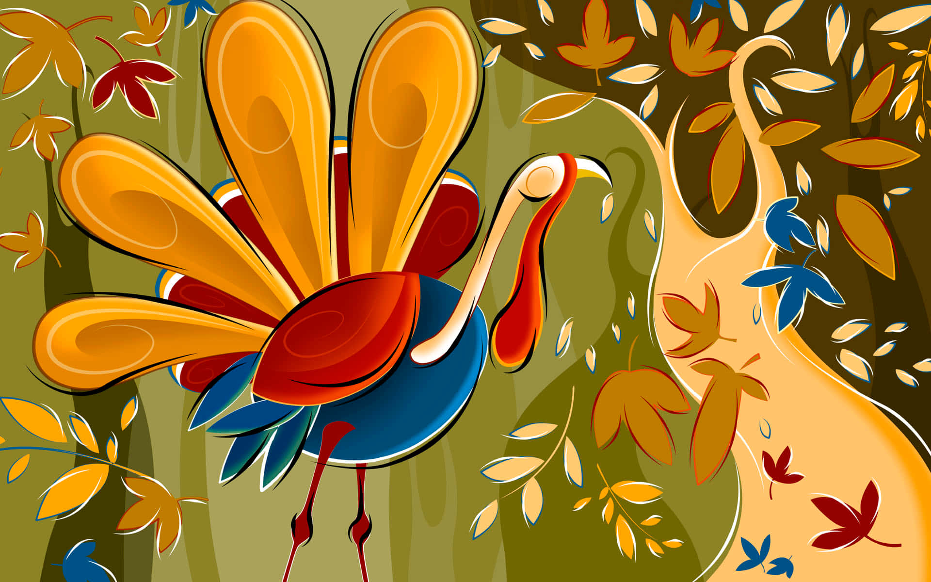 Cartoon Thanksgiving Turkey, swirling autumn leaves, vibrant orange and blue feathers, Full HD Desktop Wallpaper