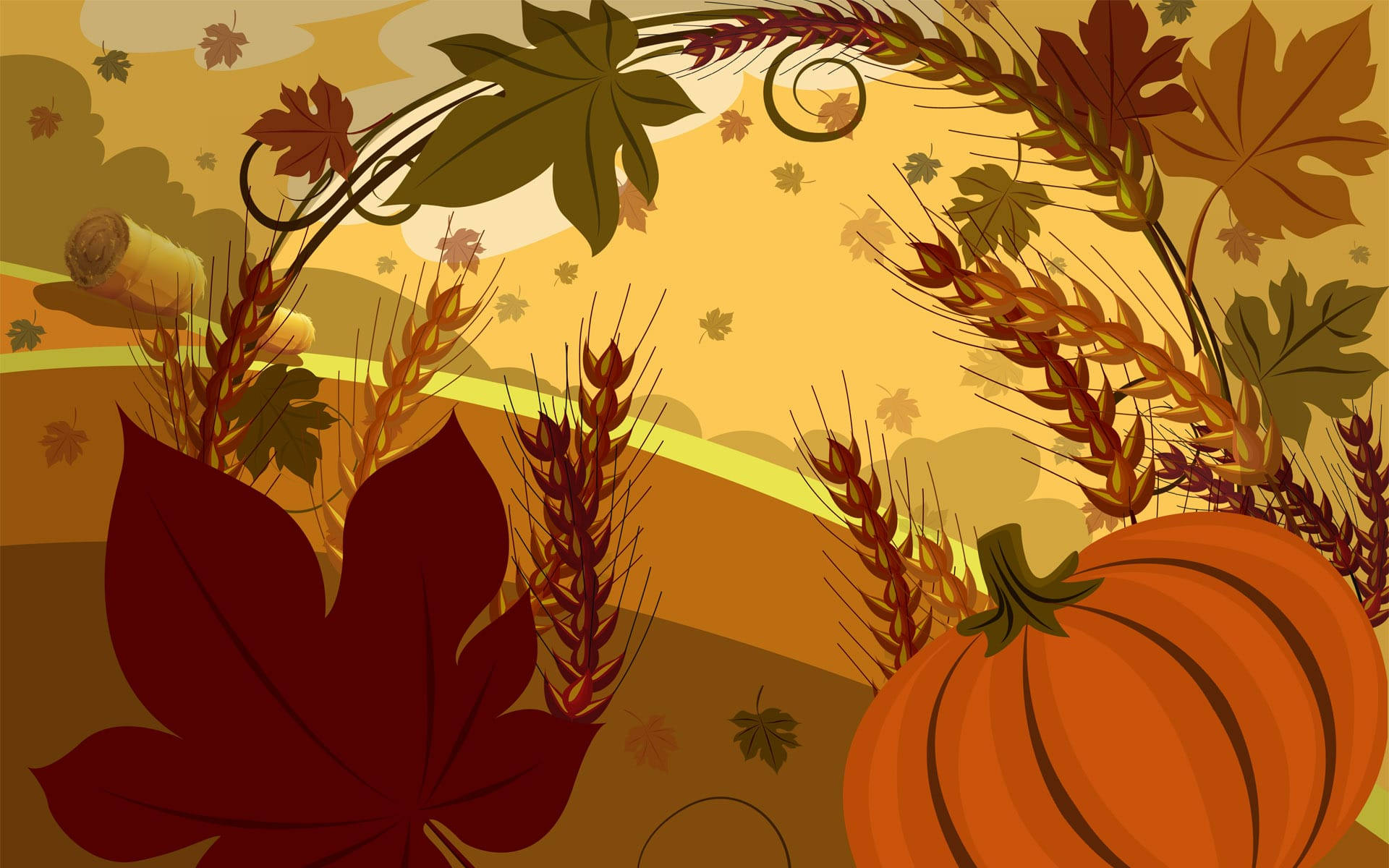 orange pumpkin, wheat stalks, red maple leaves, Full HD Desktop Wallpaper