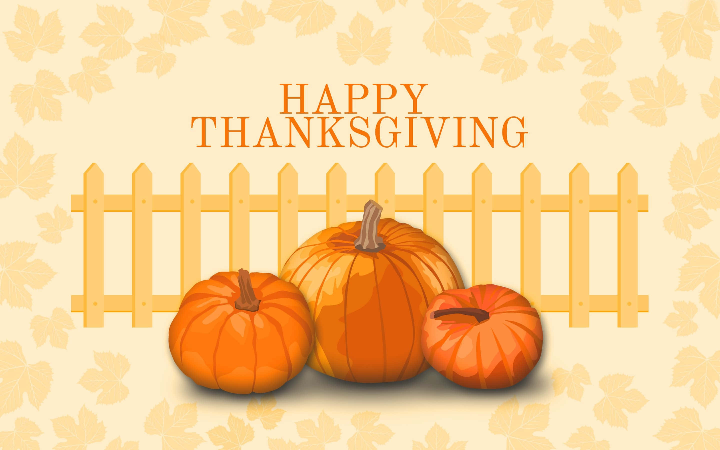 orange pumpkins, yellow picket fence, leaf-patterned background, 2K Desktop Wallpaper