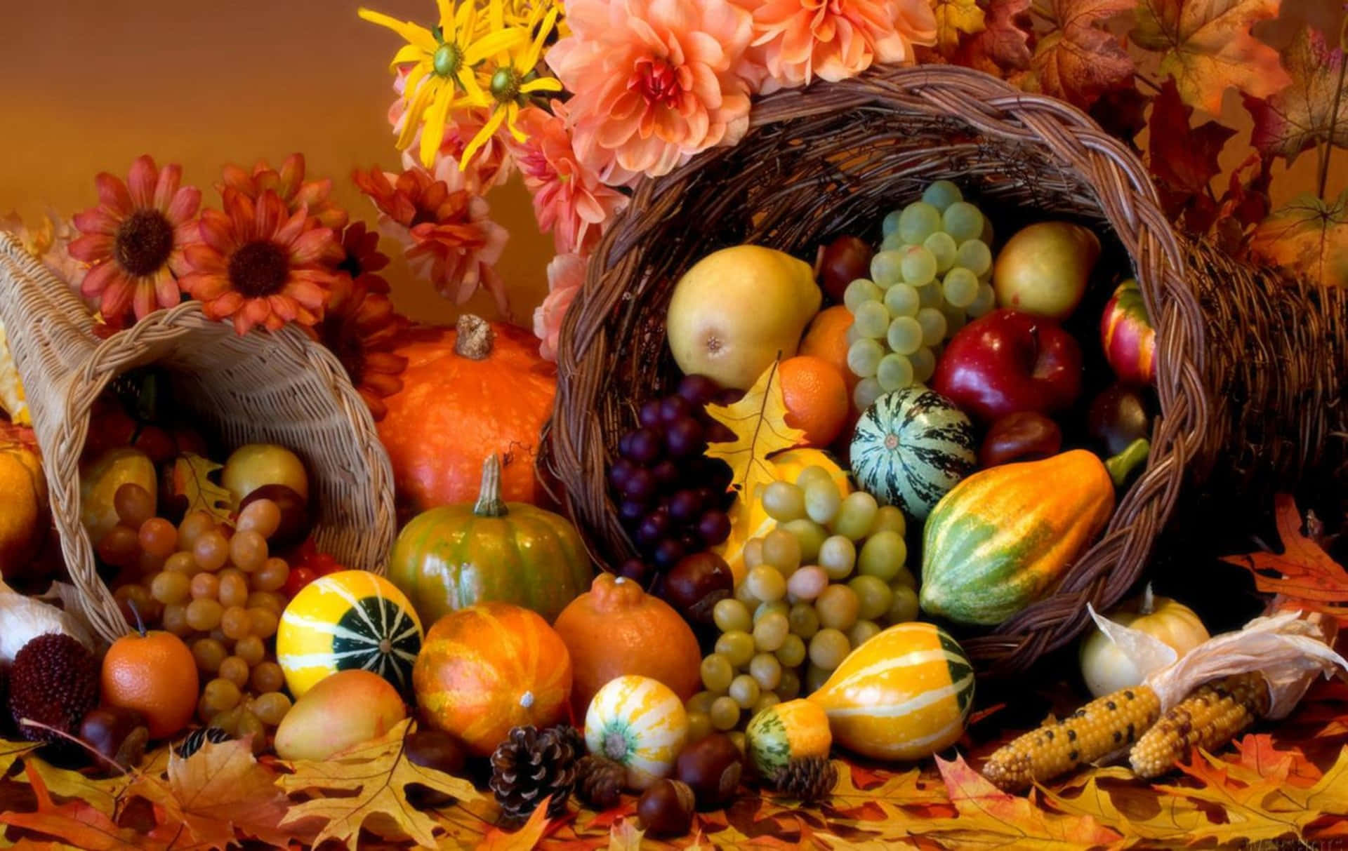 Fall Thanksgiving Fruit Basket, wicker baskets, pumpkins, Full HD Desktop Wallpaper