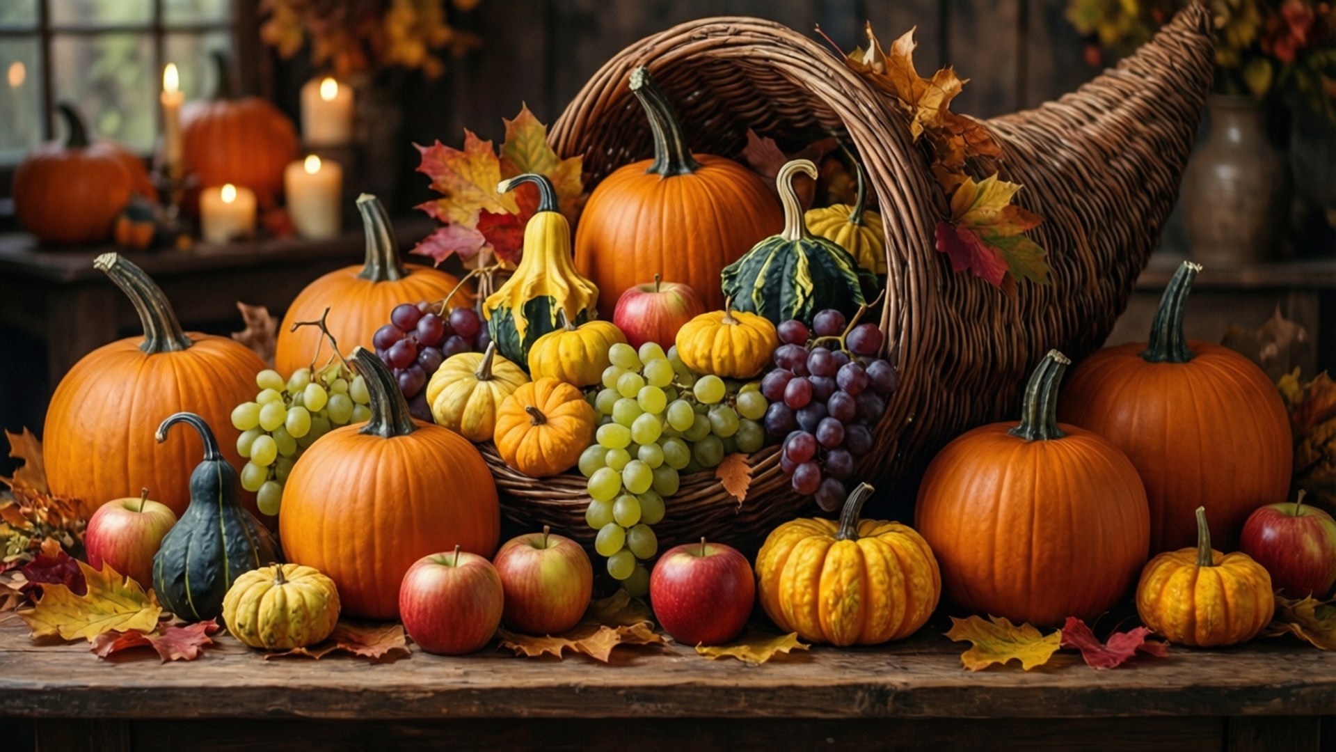 harvest cornucopia abundance, rustic wooden table, pumpkins, Full HD Desktop Wallpaper