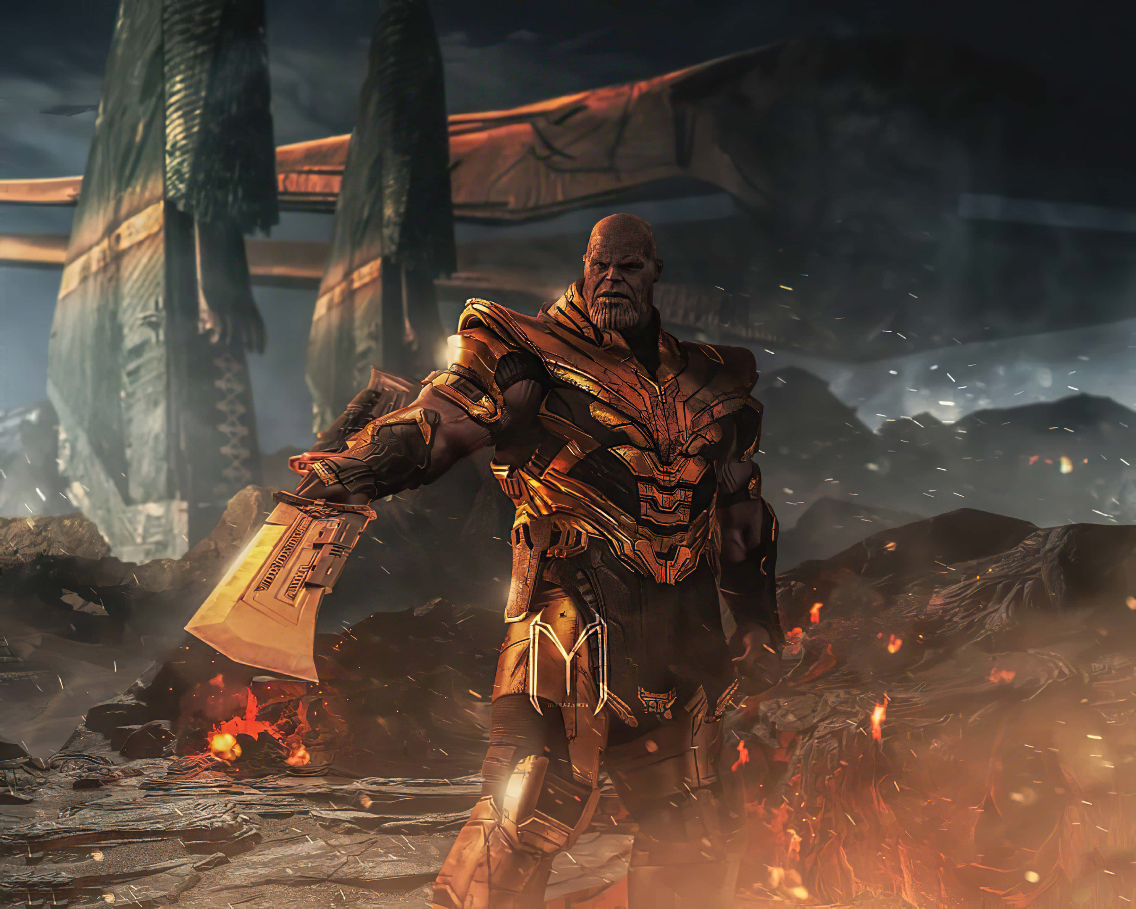 Thanos, golden armor, glowing gauntlet, 4K Desktop Wallpaper