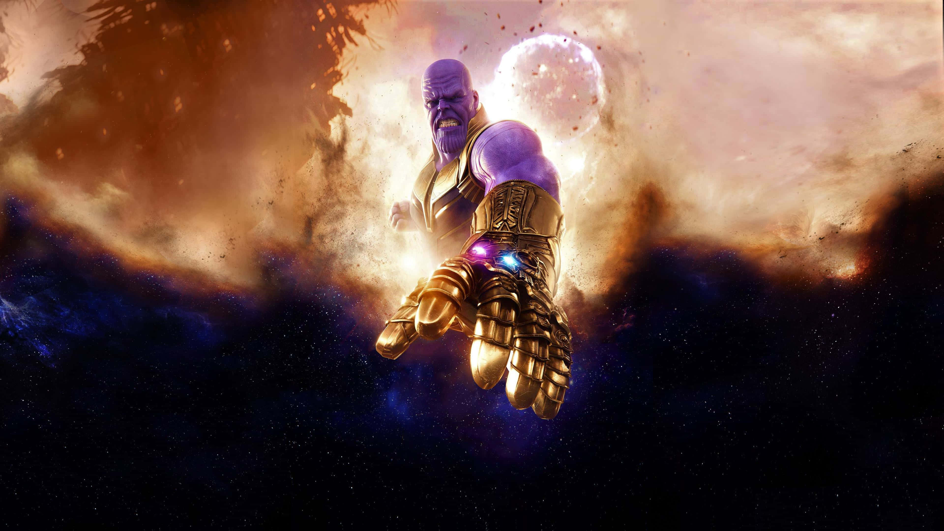 Thanos, infinity gauntlet, cosmic backdrop, 4K Desktop Wallpaper