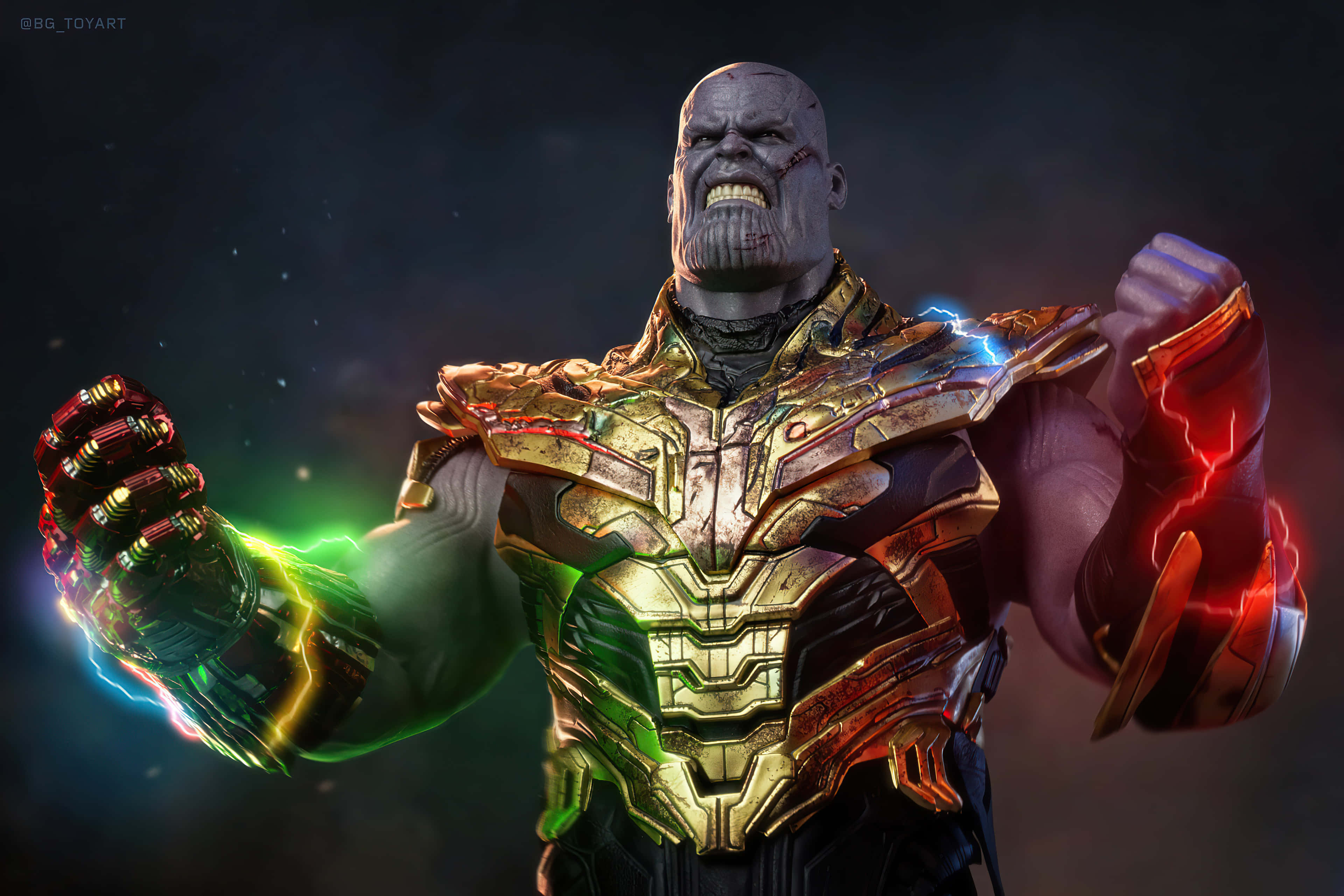 Thanos, golden armor, glowing red and green energy, 4K Desktop Wallpaper