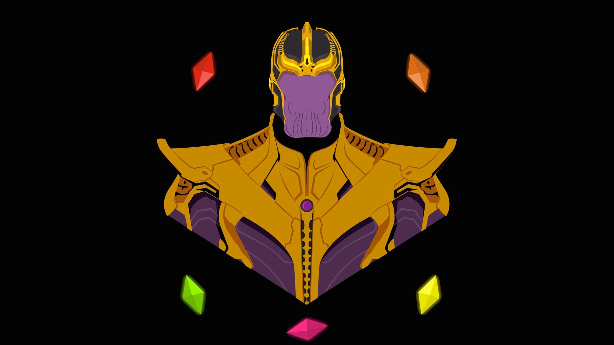 Thanos, gold and purple armor, floating colorful gems, 2K Desktop Wallpaper