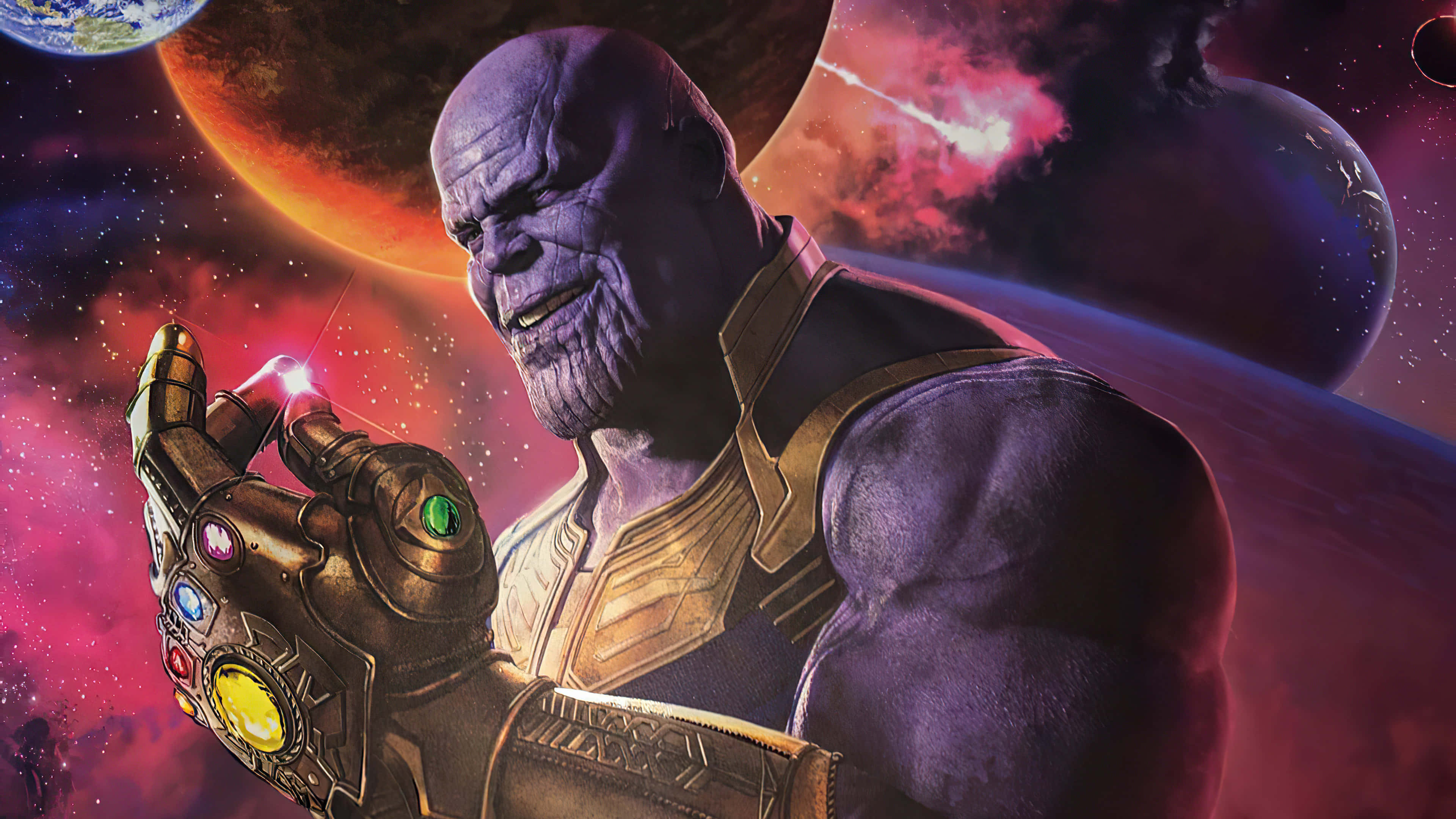 Thanos, purple armor, glowing infinity gauntlet, 4K Desktop Wallpaper