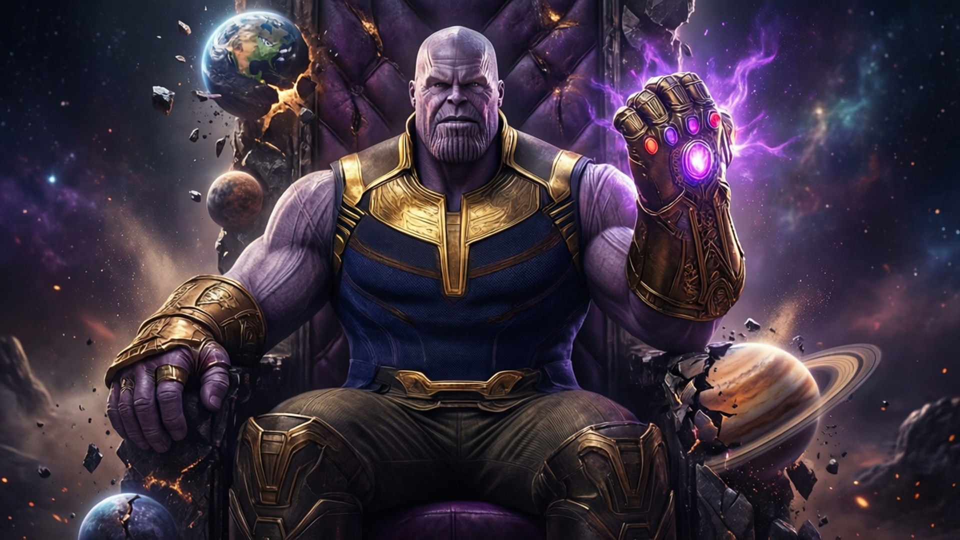 Thanos, glowing purple gauntlet, broken throne, Full HD Desktop Wallpaper