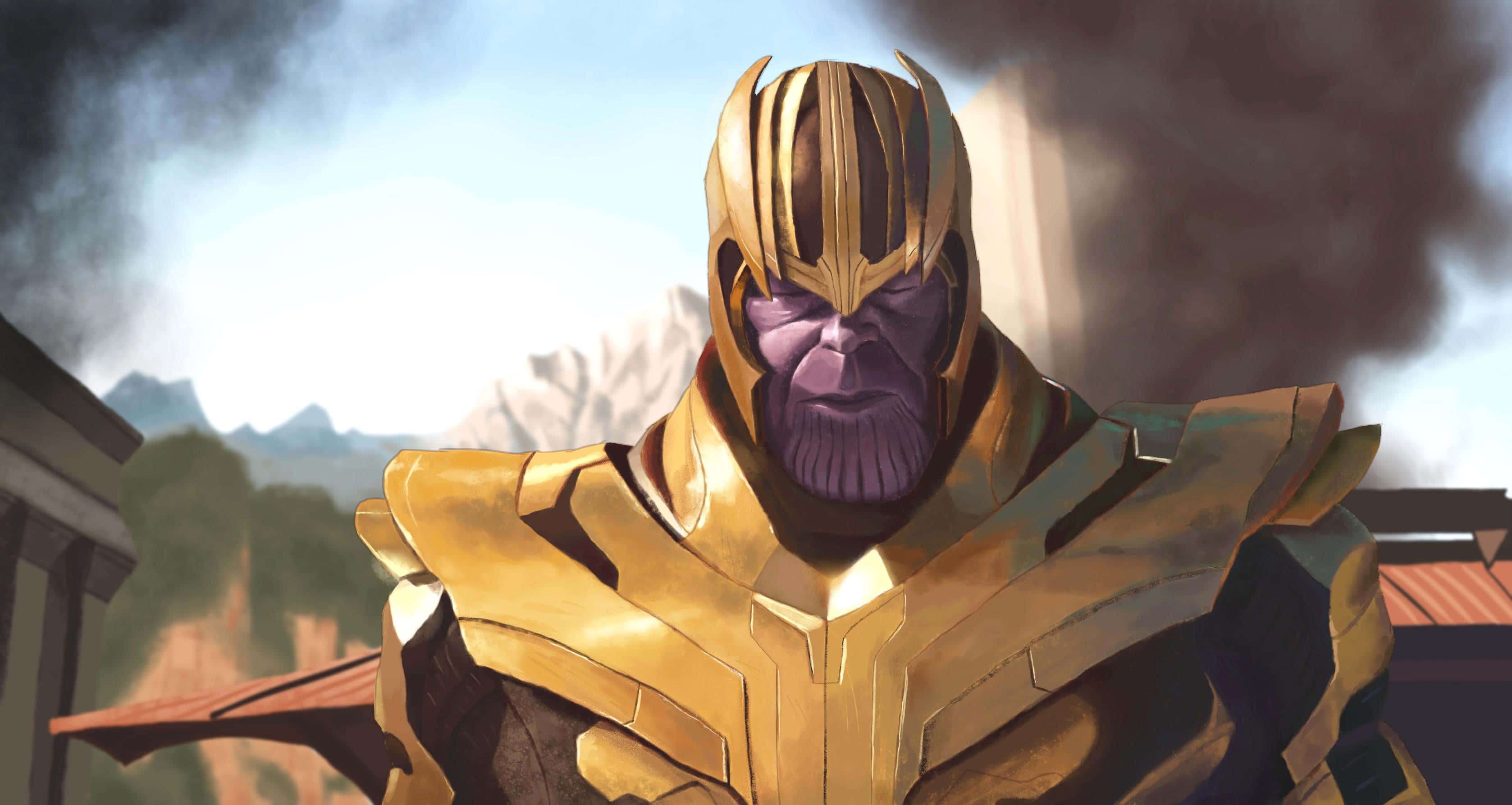 Thanos, gold armor, smoky battlefield, 2K Desktop Wallpaper