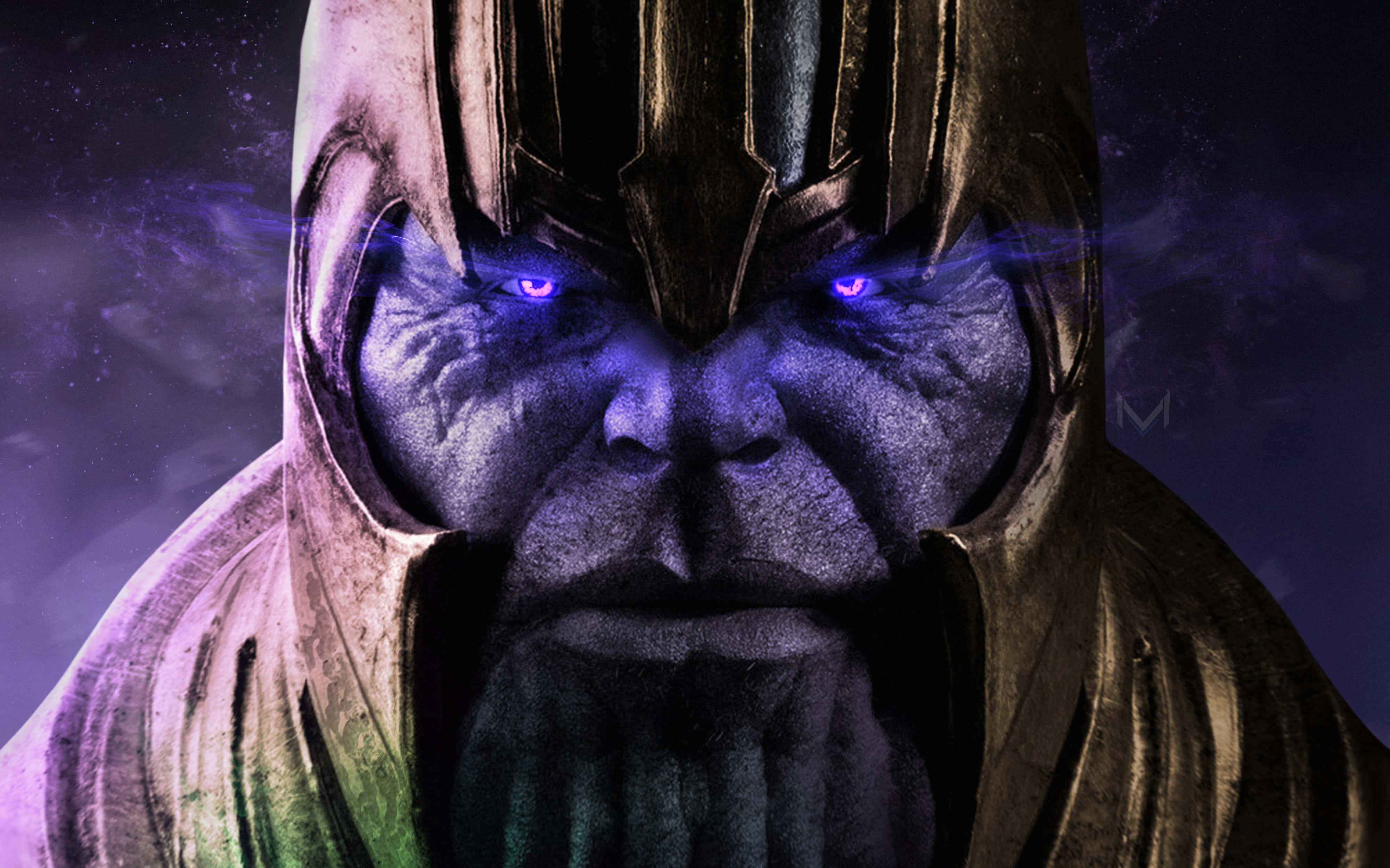 Thanos, glowing purple eyes, cosmic purple background, 4K Desktop Wallpaper