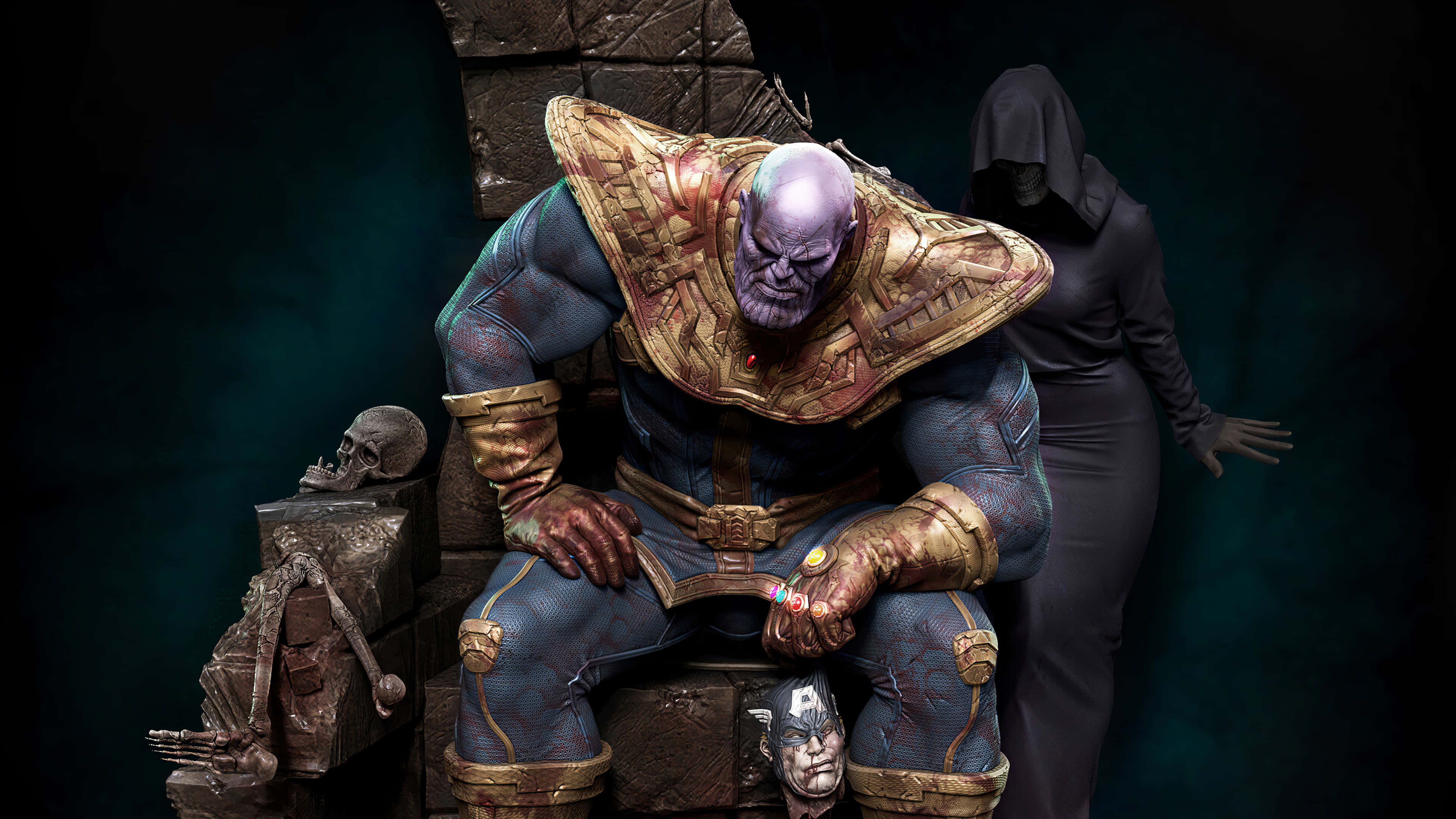 Thanos, stone throne, skulls, 4K Desktop Wallpaper