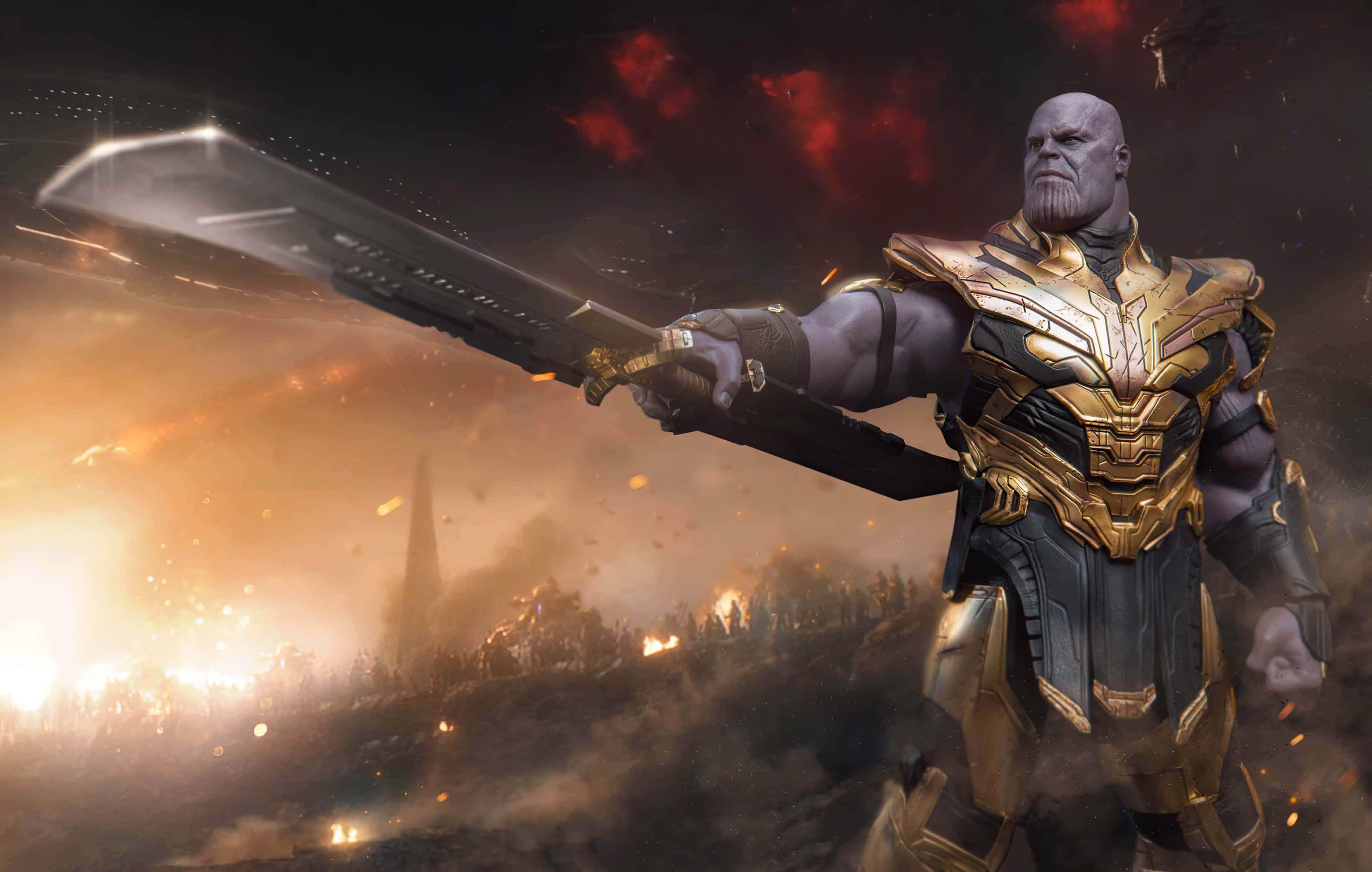 Thanos, golden armor, massive sword, 4K Desktop Wallpaper