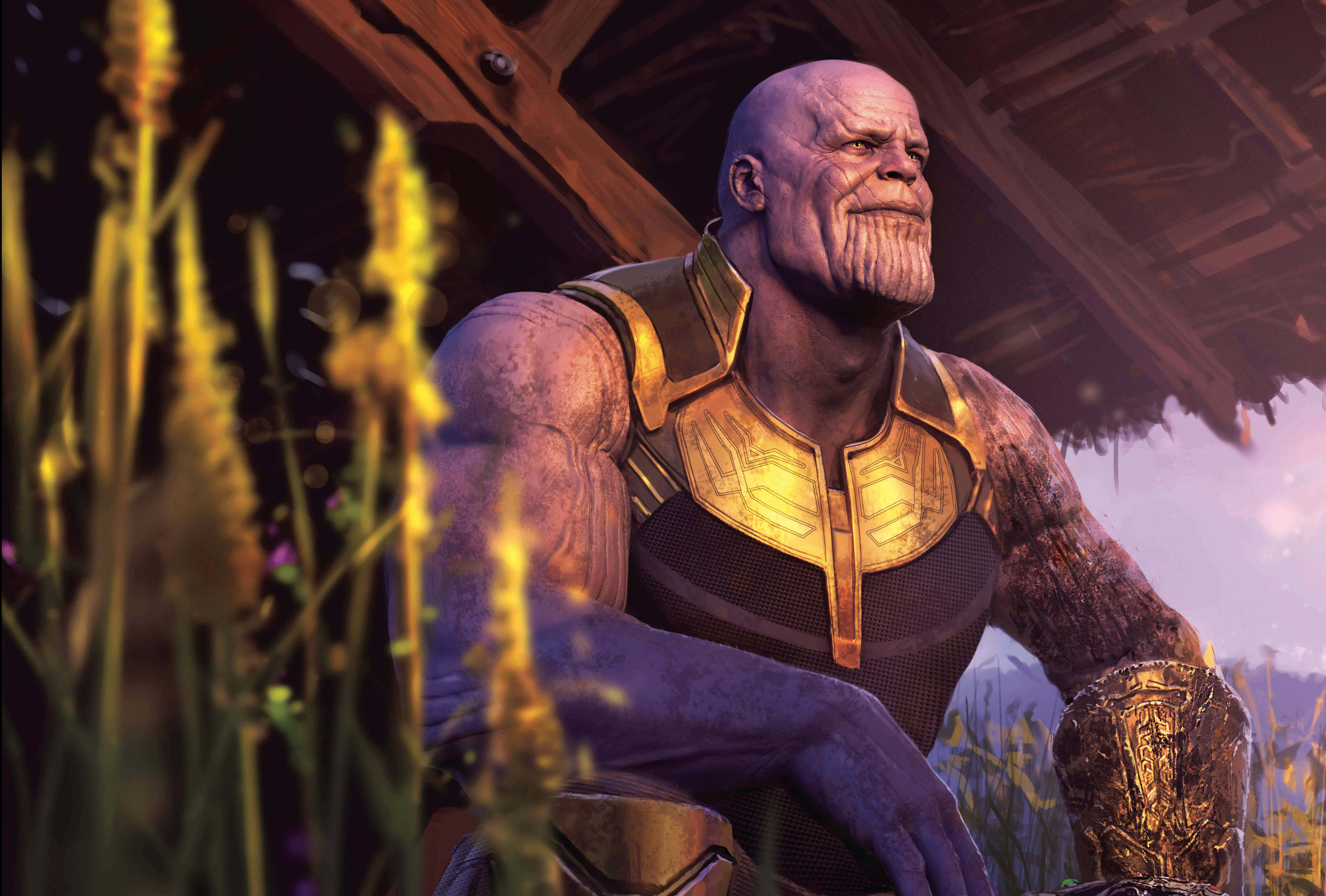 Thanos, iconic armor, field of tall golden grass, 5K Desktop Wallpaper