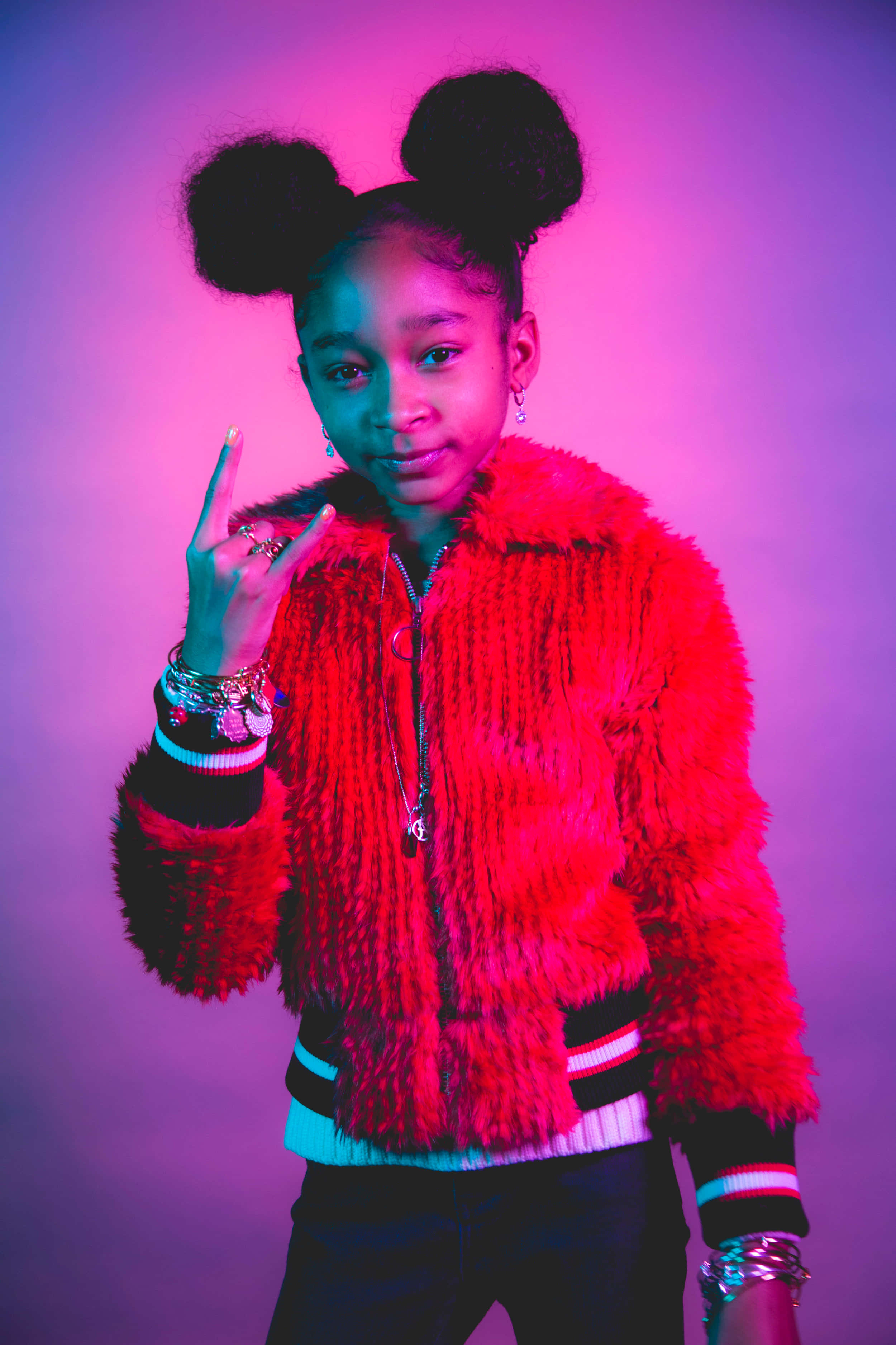 That Girl Lay Lay, red fringed jacket, neon pink and blue lighting, 2K Phone Wallpaper