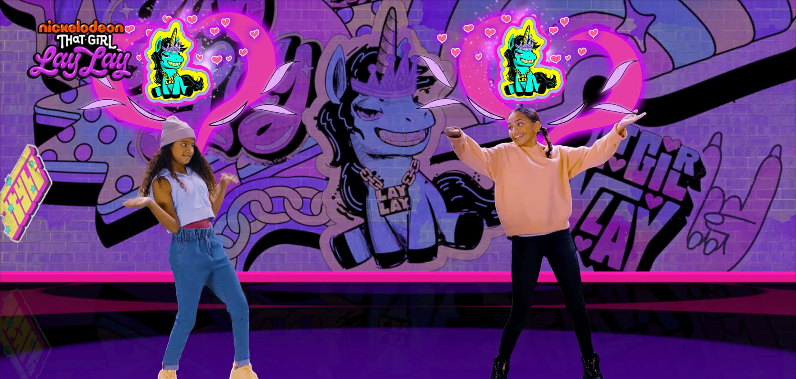 That Girl Lay Lay, vibrant purple graffiti wall, cartoon unicorn, 2K Desktop Wallpaper