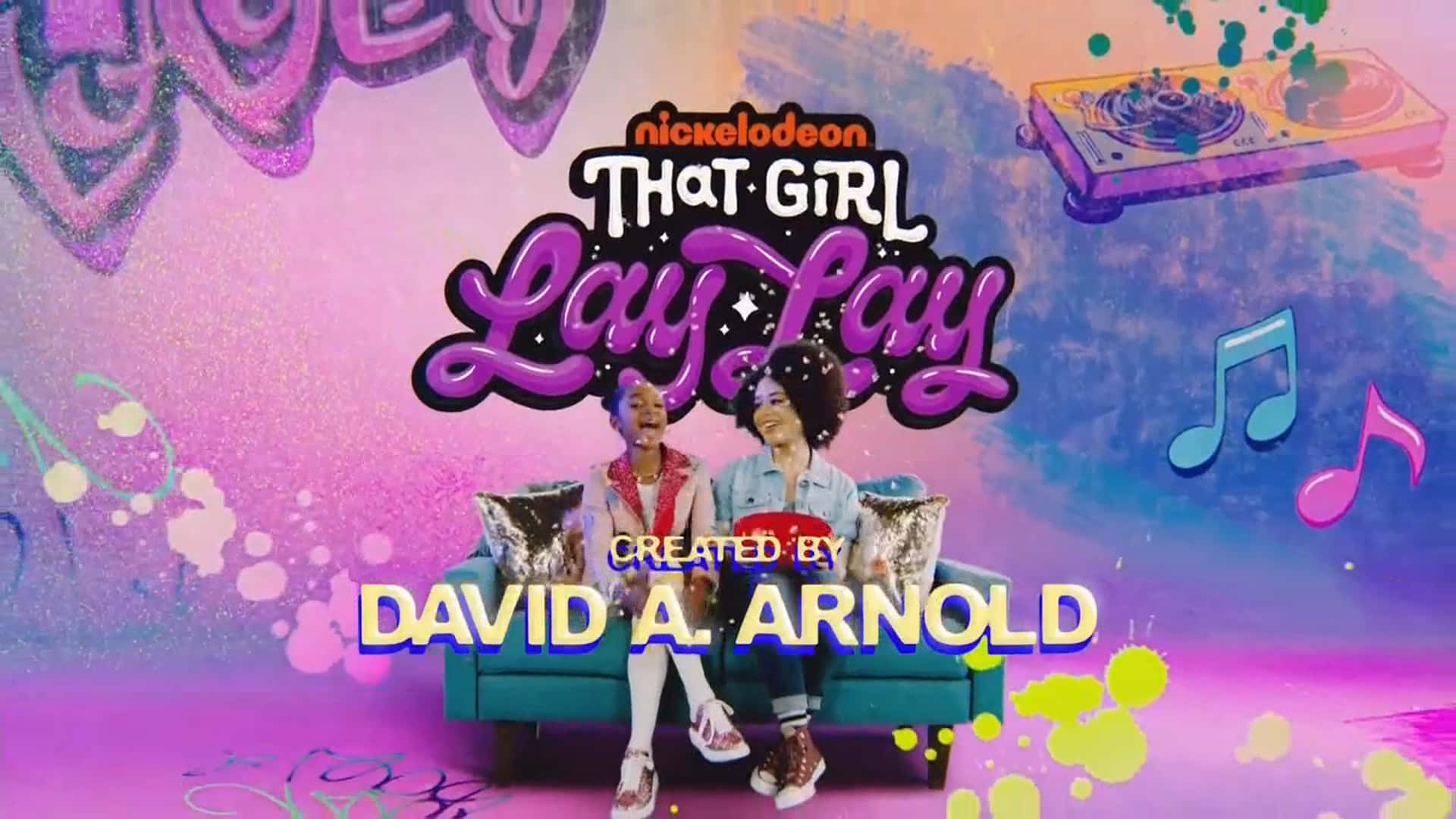 That Girl Lay Lay, teal couch, vibrant purple and pink graffiti-style background, Full HD Desktop Wallpaper