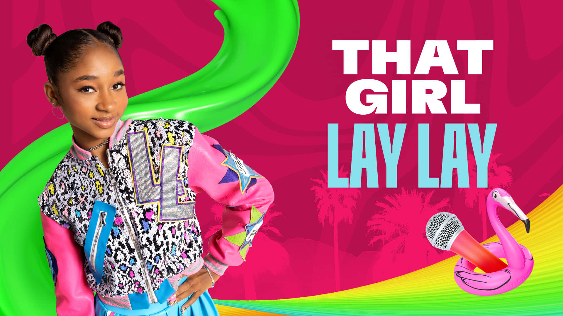 That Girl Lay Lay, psychedelic pink and green background, palm trees, Full HD Desktop Wallpaper