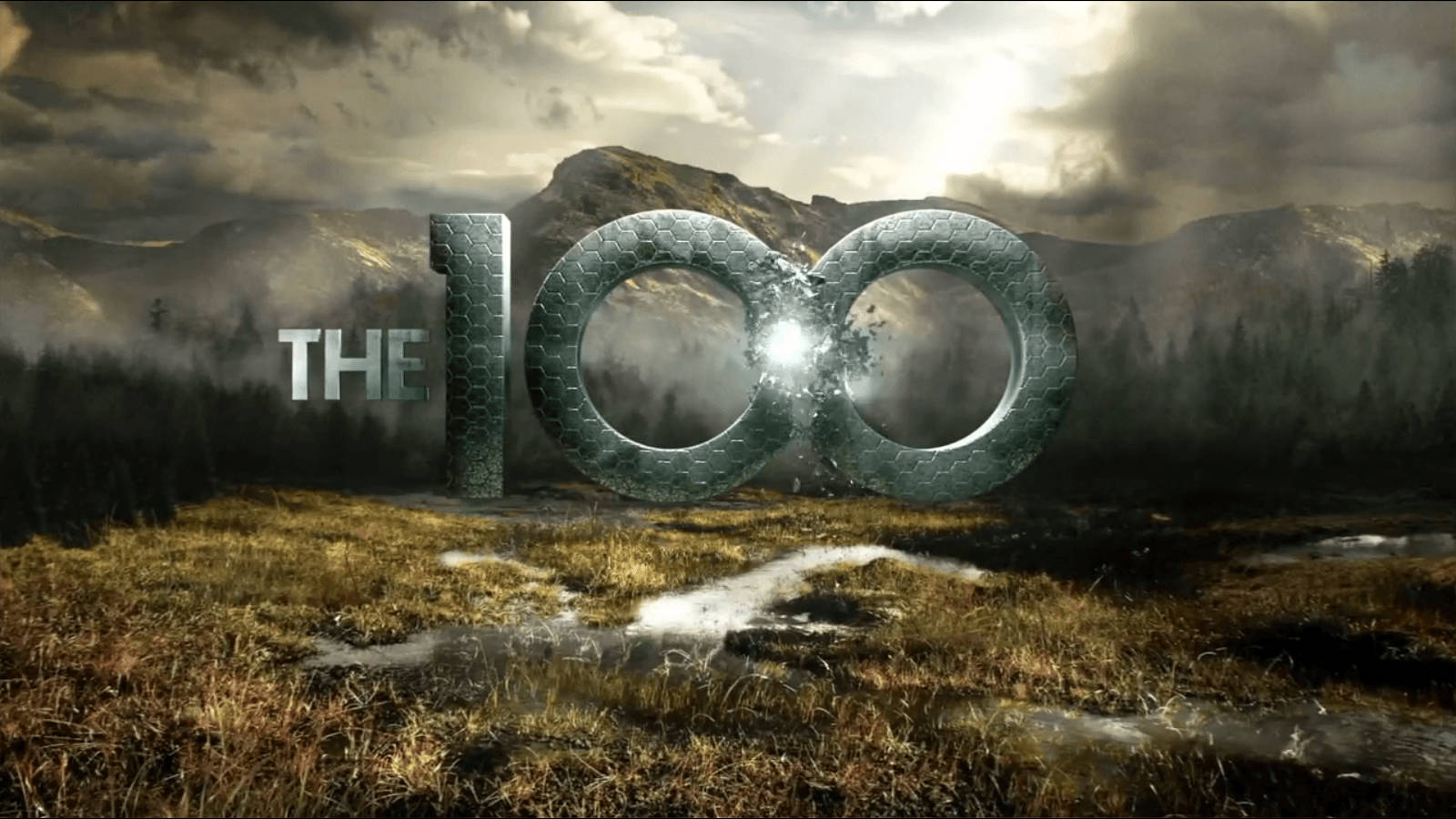 The 100, metallic '100' logo, misty mountain field, HD Desktop Wallpaper