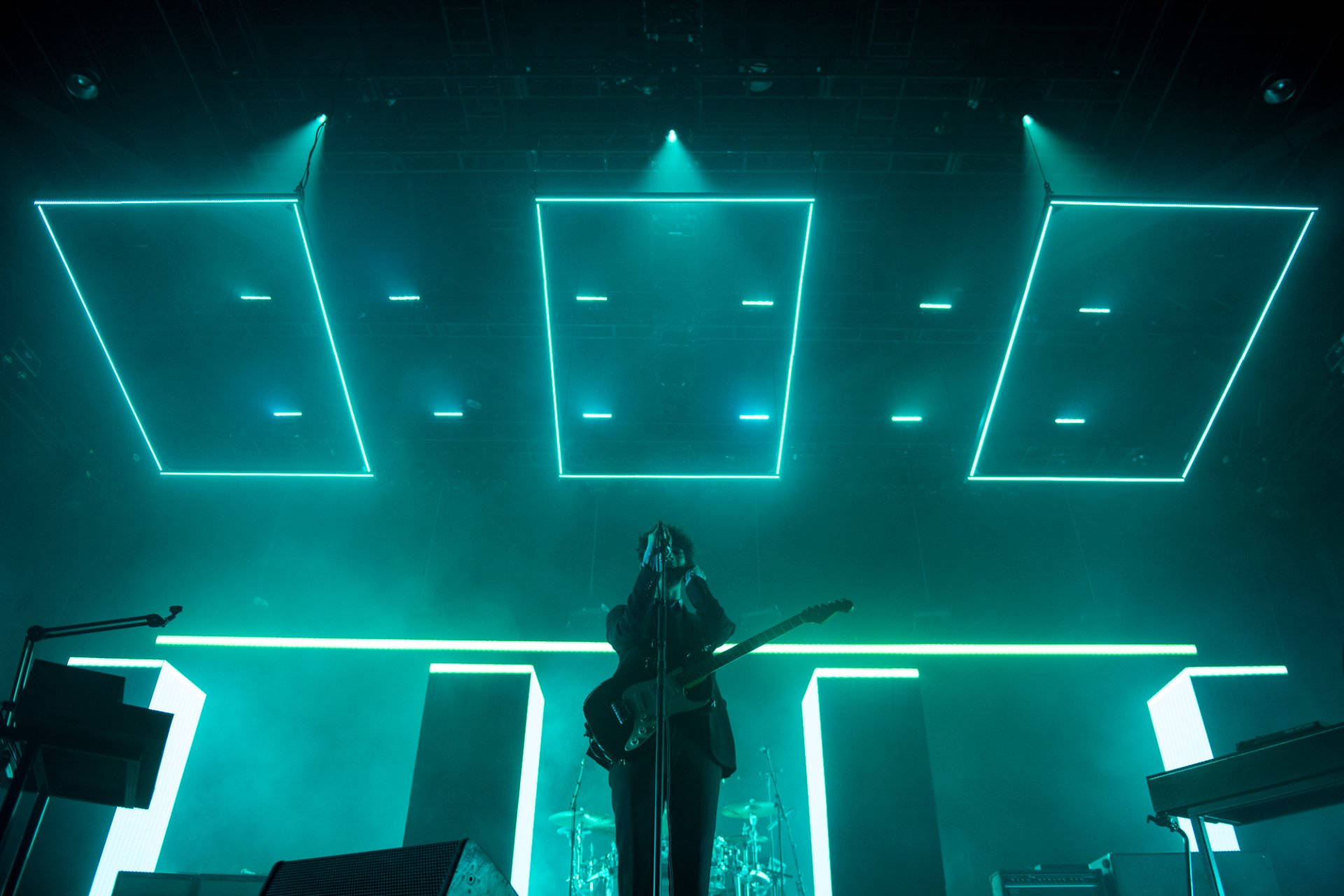 The 1975, Center Stage Setup, teal neon lights, Full HD Desktop Wallpaper