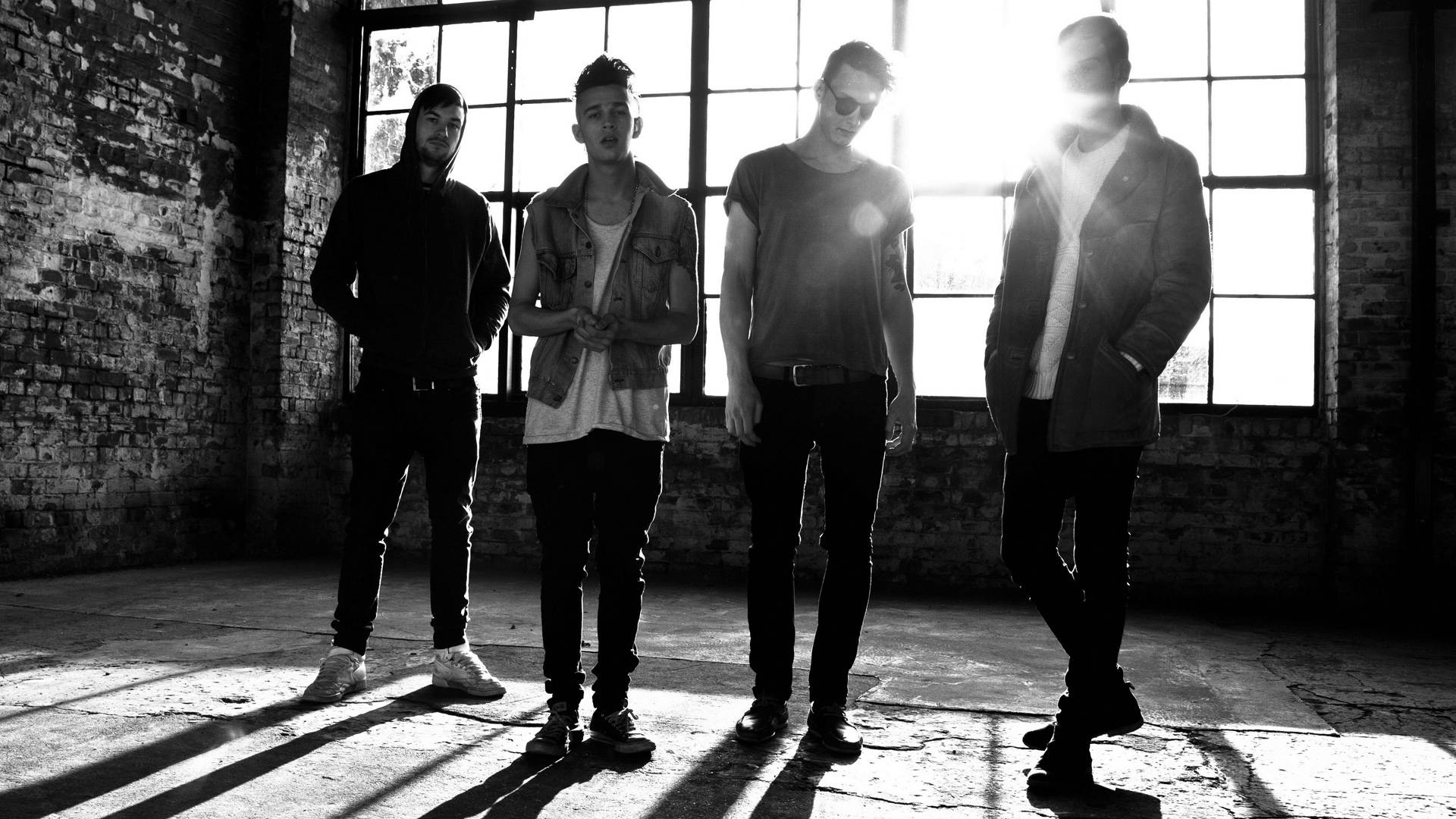 The 1975, monochrome, sunlit brick warehouse, Full HD Desktop Wallpaper