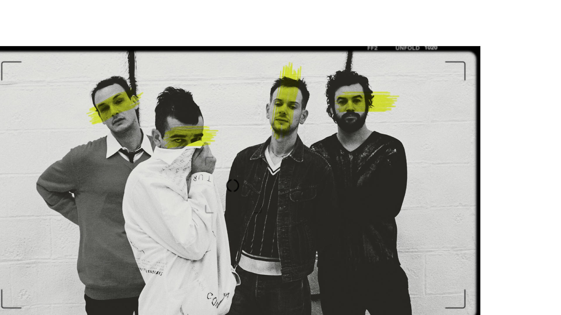 The 1975, white brick wall, bold yellow paint strokes, Full HD Desktop Wallpaper