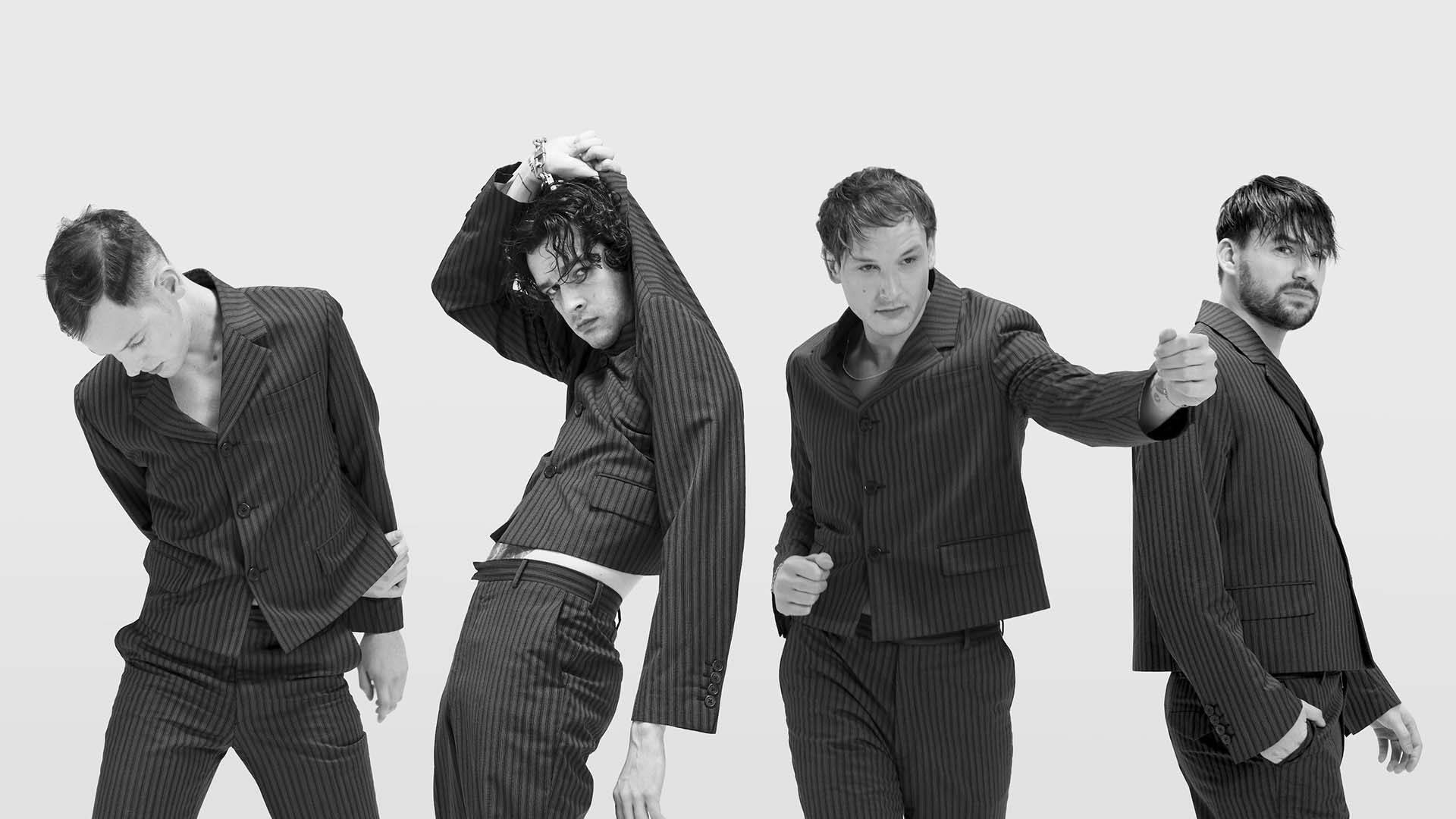 The 1975, pinstripe suits, monochrome studio shot, Full HD Desktop Wallpaper