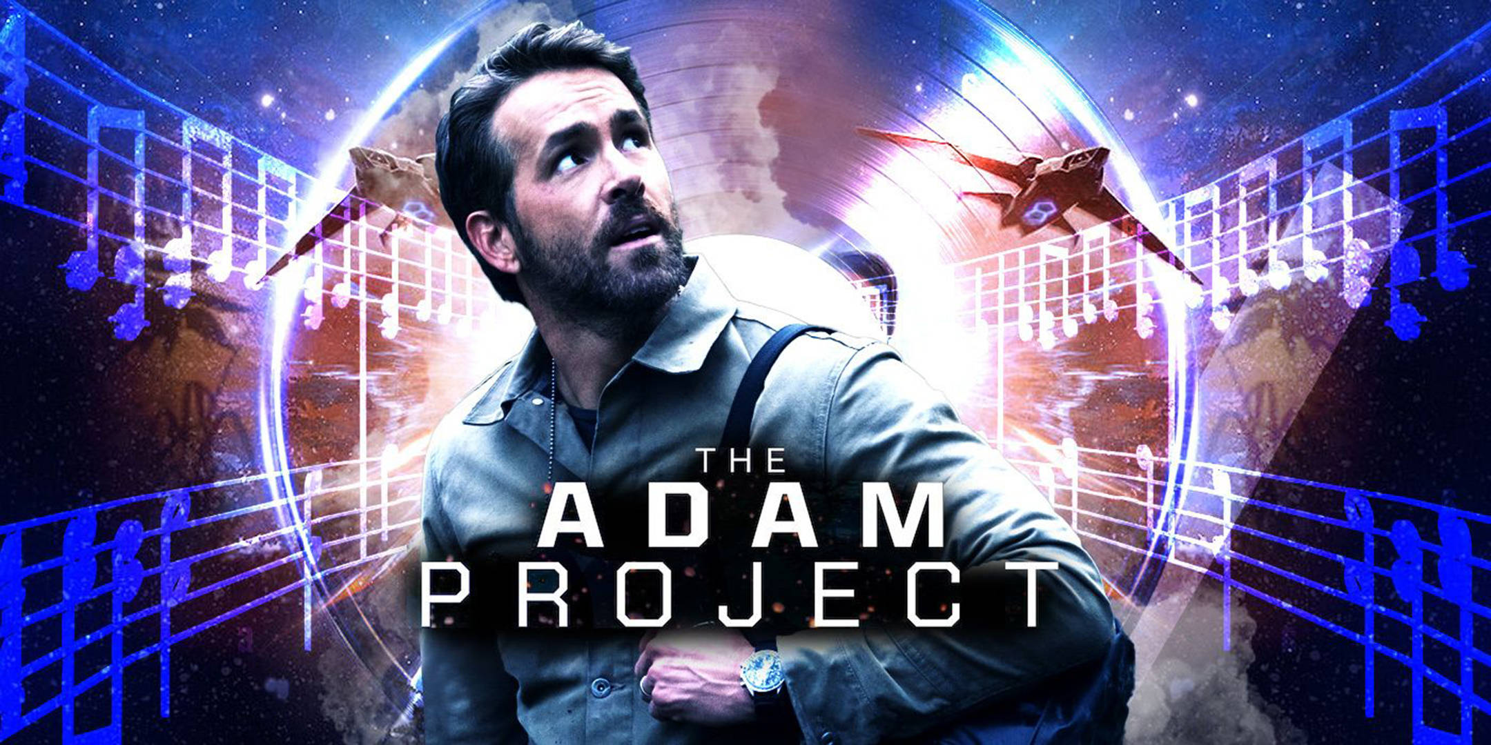The Adam Project, glowing blue musical notes, flying fighter jets, Full HD Desktop Wallpaper