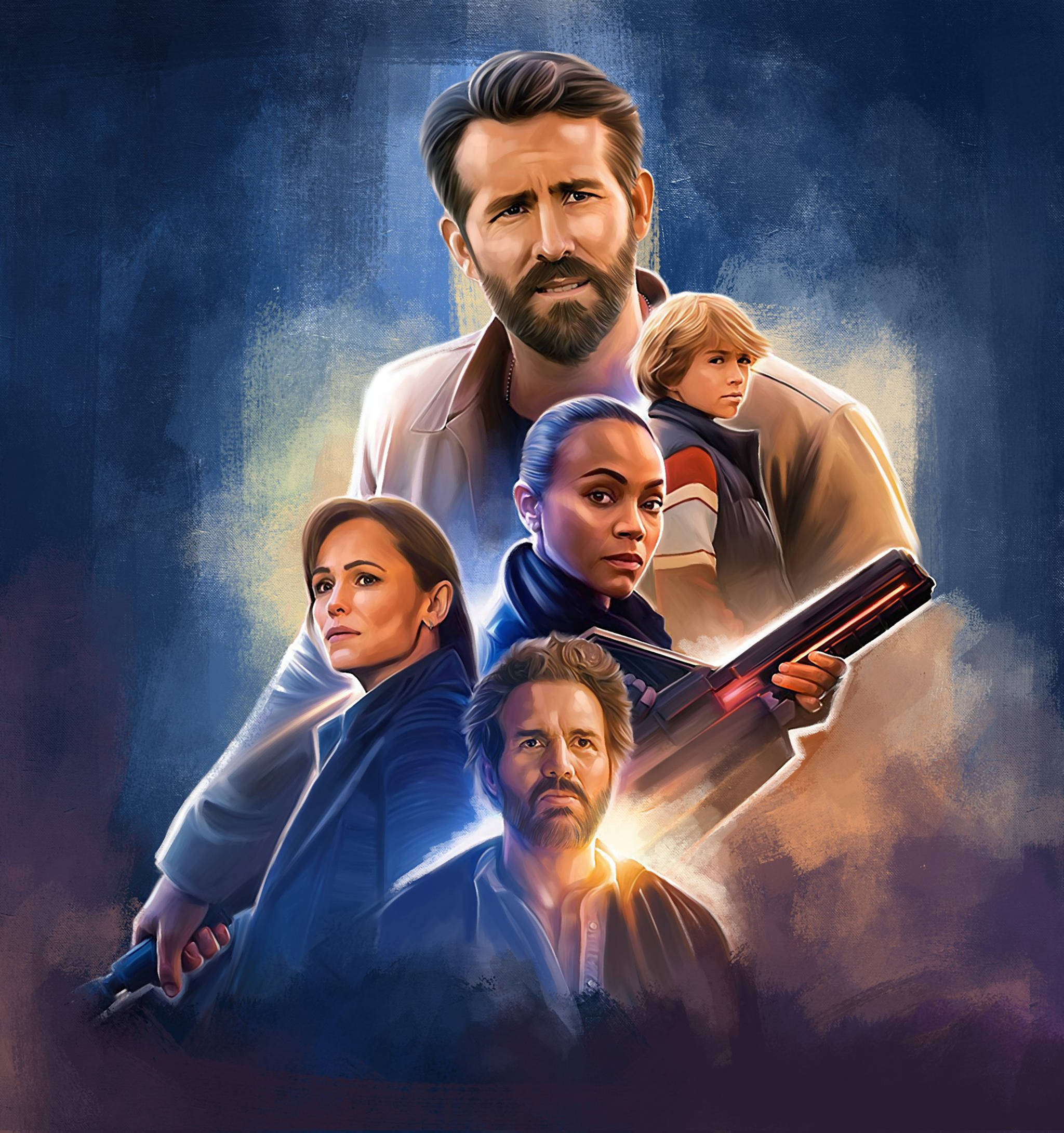 The Adam Project, futuristic weapons, moody blue and gold backdrop, Full HD Phone Wallpaper