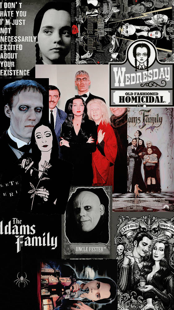 The Addams Family, gothic collage, iconic characters, SD Phone Wallpaper