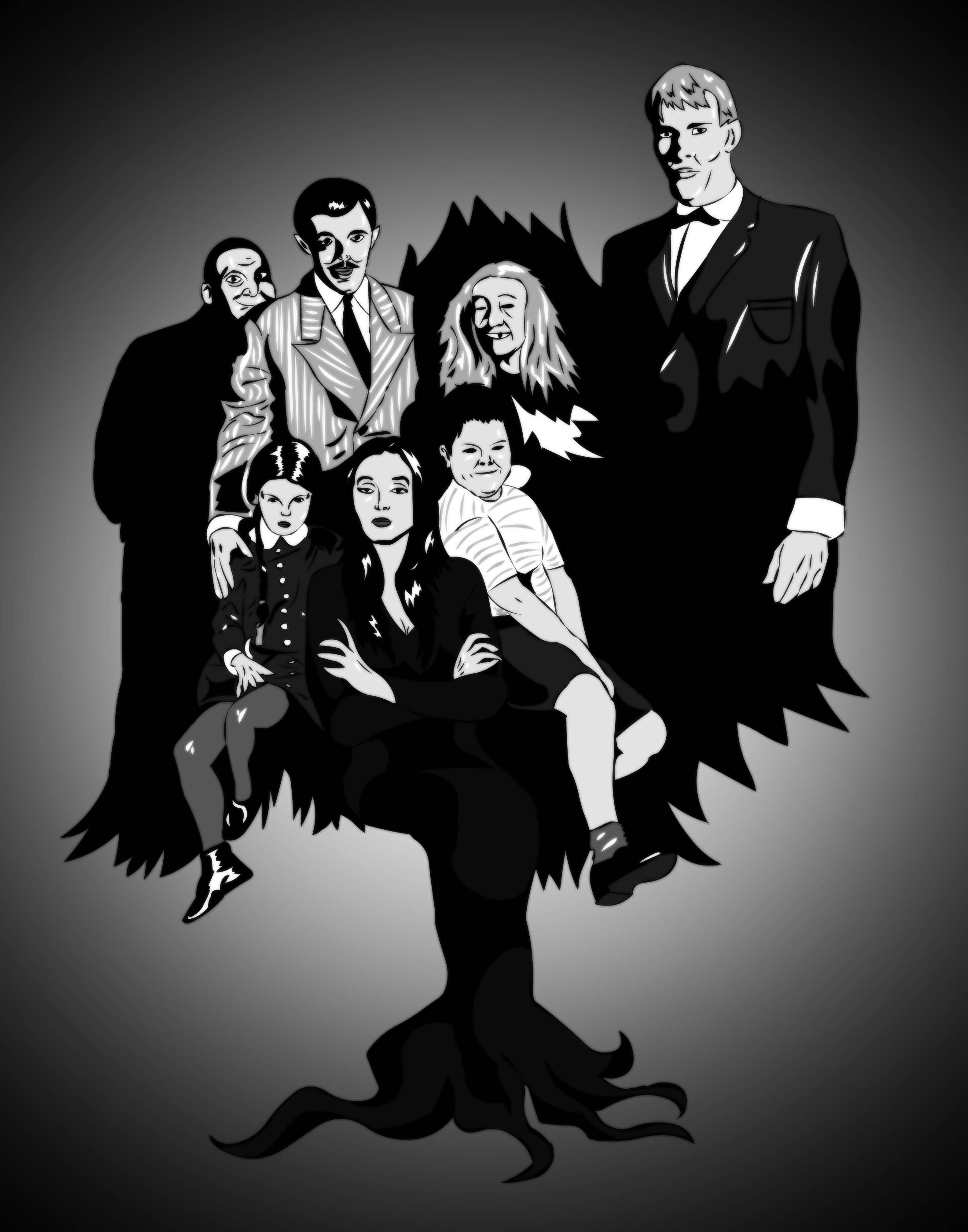 The Addams Family, black and white, dramatically, 2K Phone Wallpaper