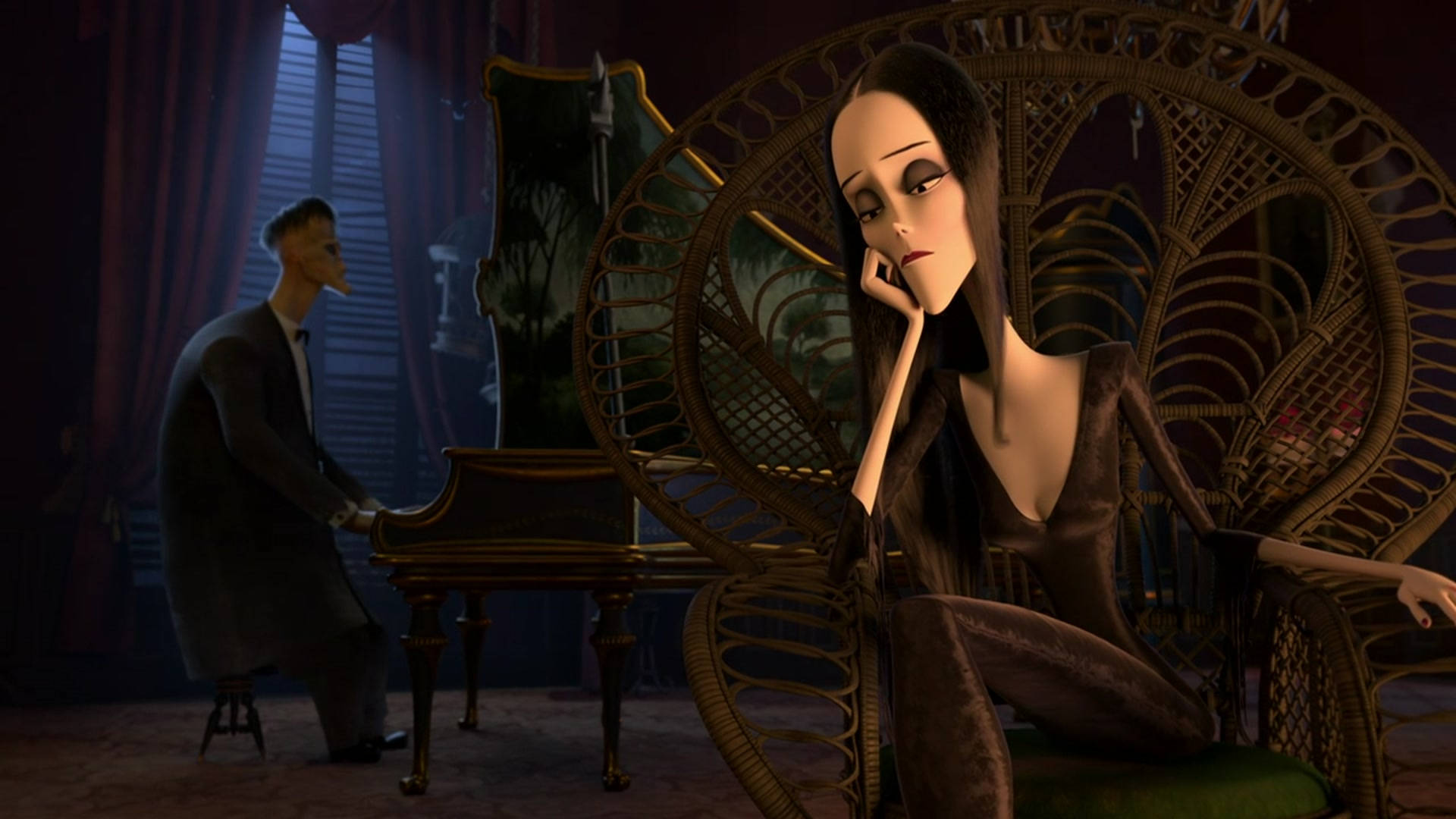 The Addams Family, piano scene, gothic animated woman, Full HD Desktop Wallpaper