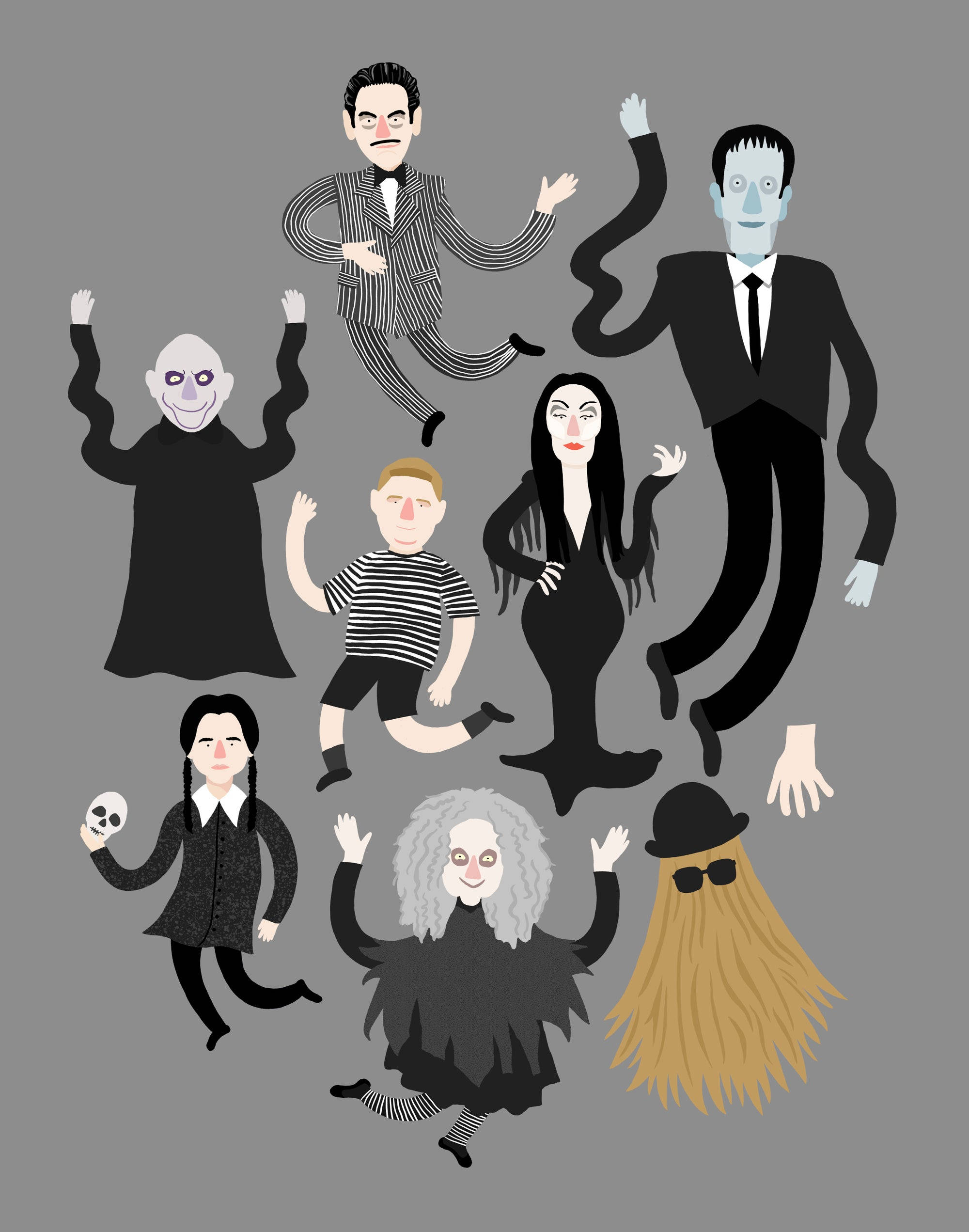 The Addams Family, minimalist art, gothic cartoon characters, Full HD Phone Wallpaper