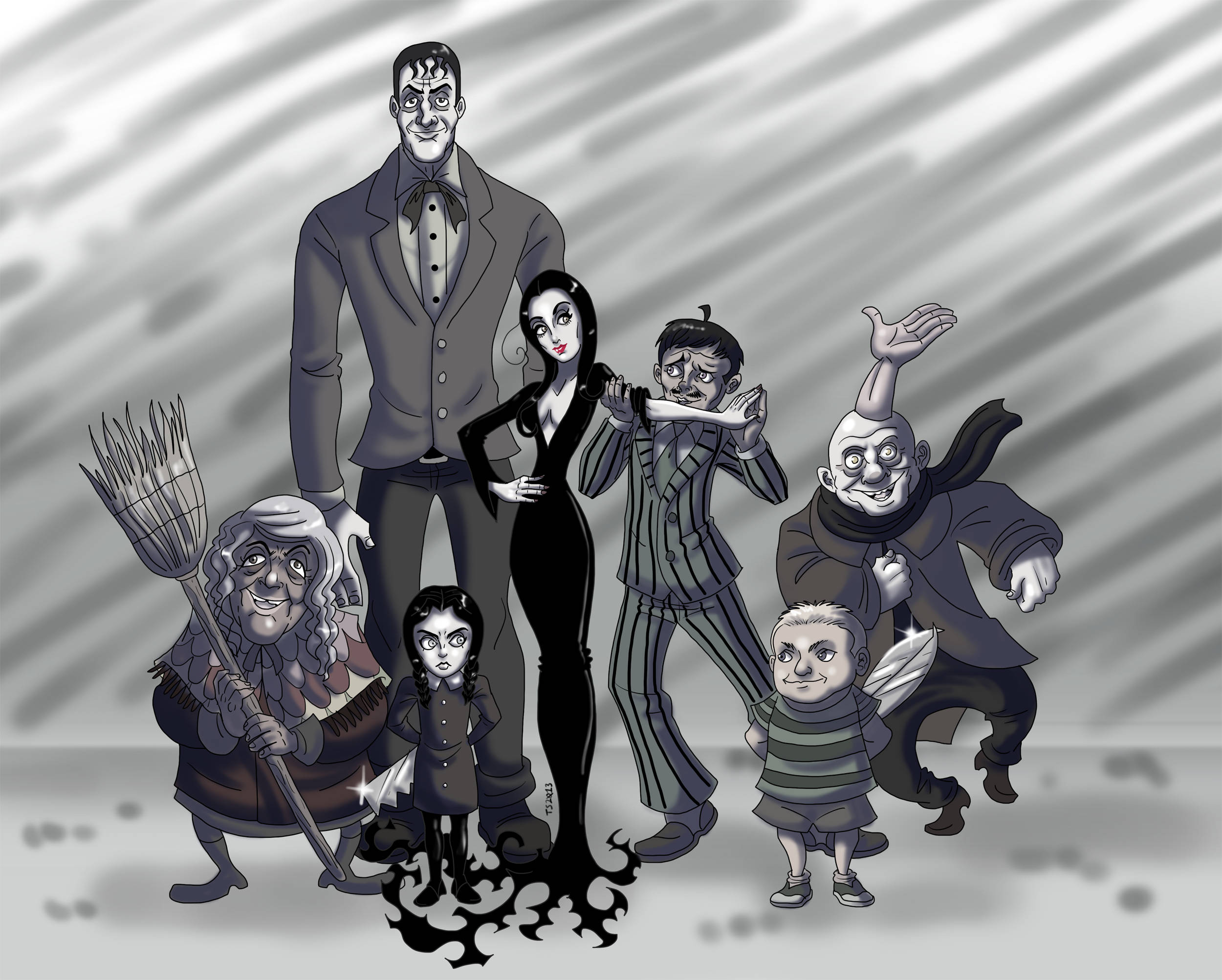 The Addams Family, cartoon characters, stylized grayscale illustration, Full HD Desktop Wallpaper