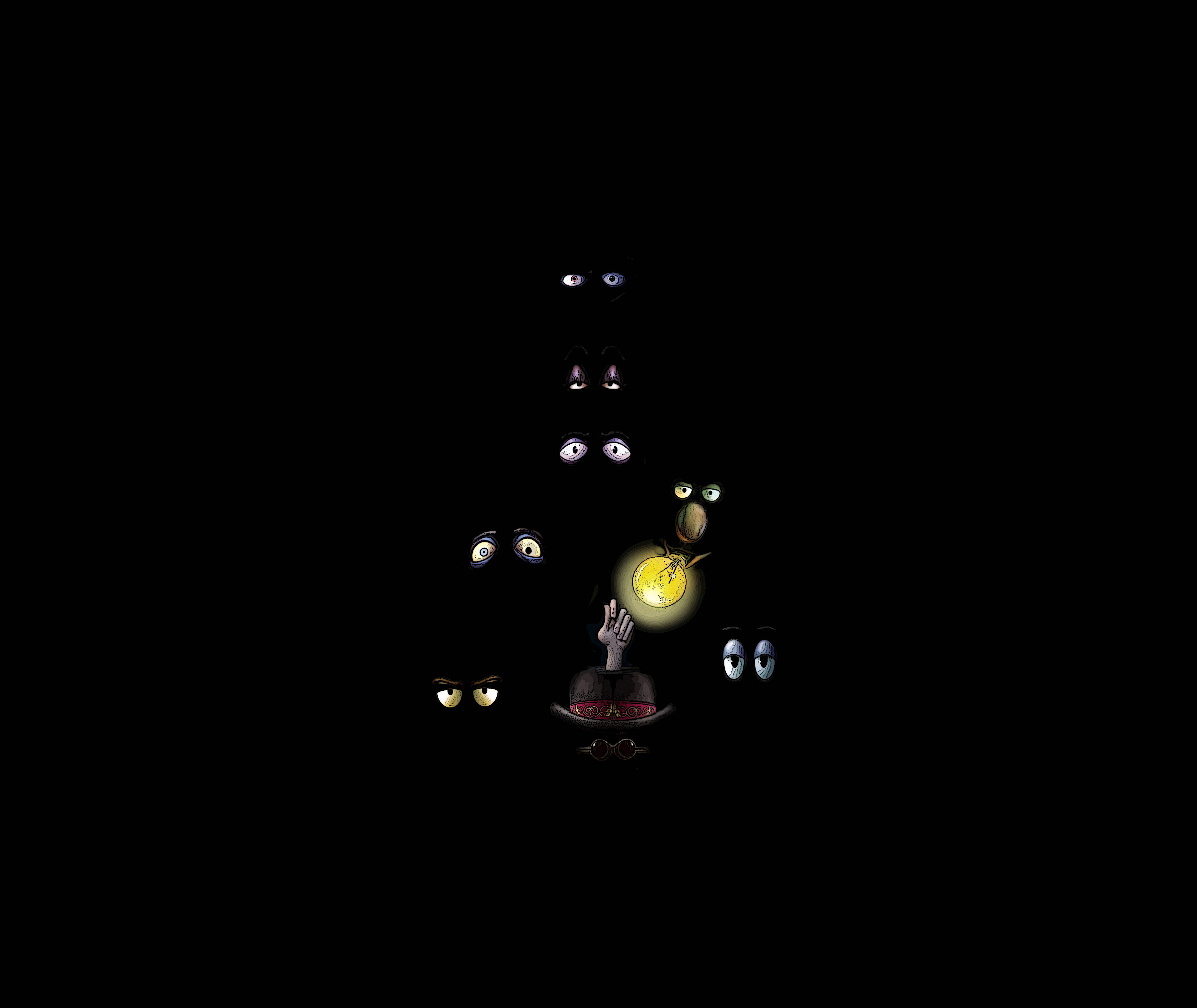 The Addams Family, glowing yellow orb, floating eyes, 4K Desktop Wallpaper