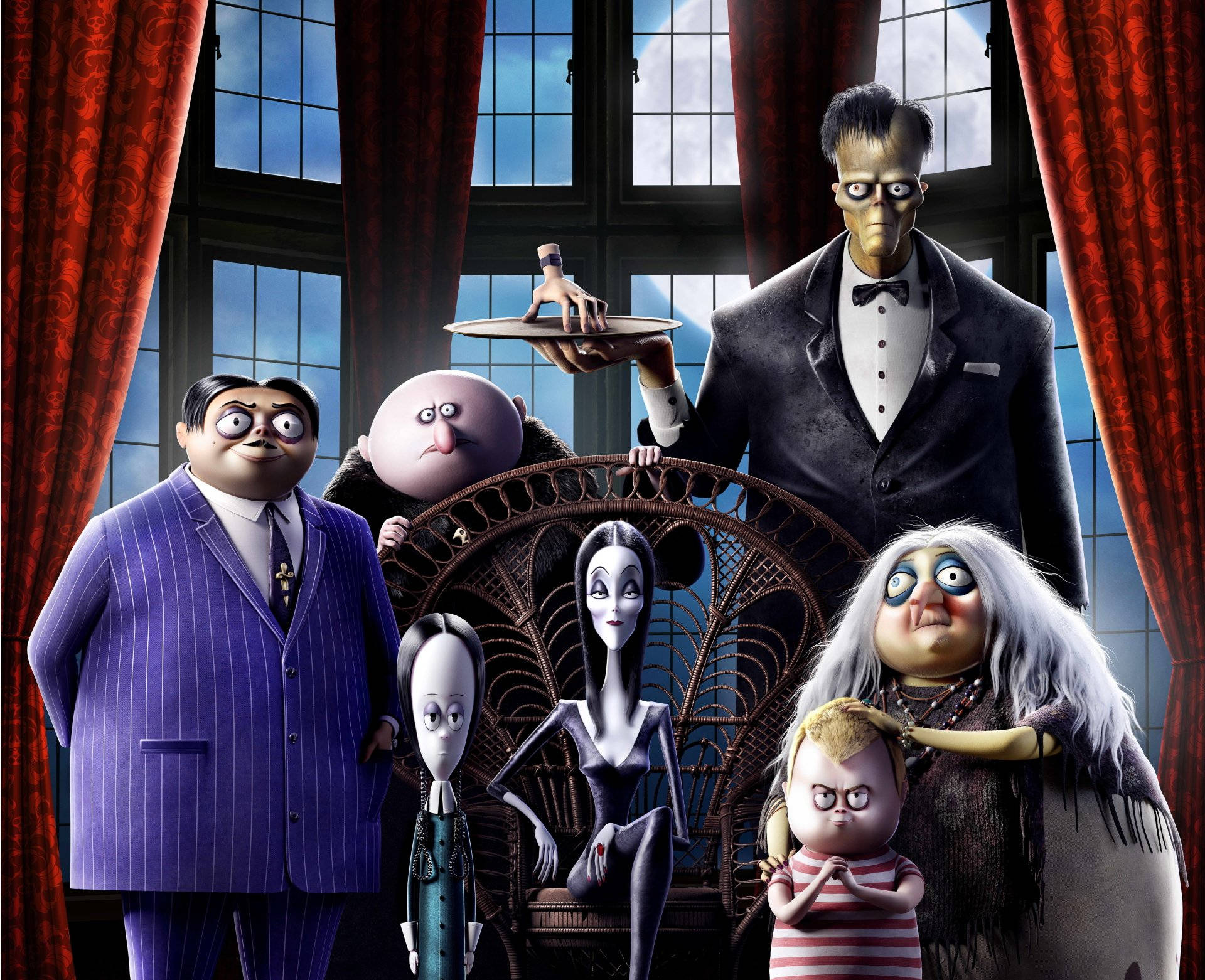 The Addams Family, gothic mansion, red curtains, Full HD Desktop Wallpaper