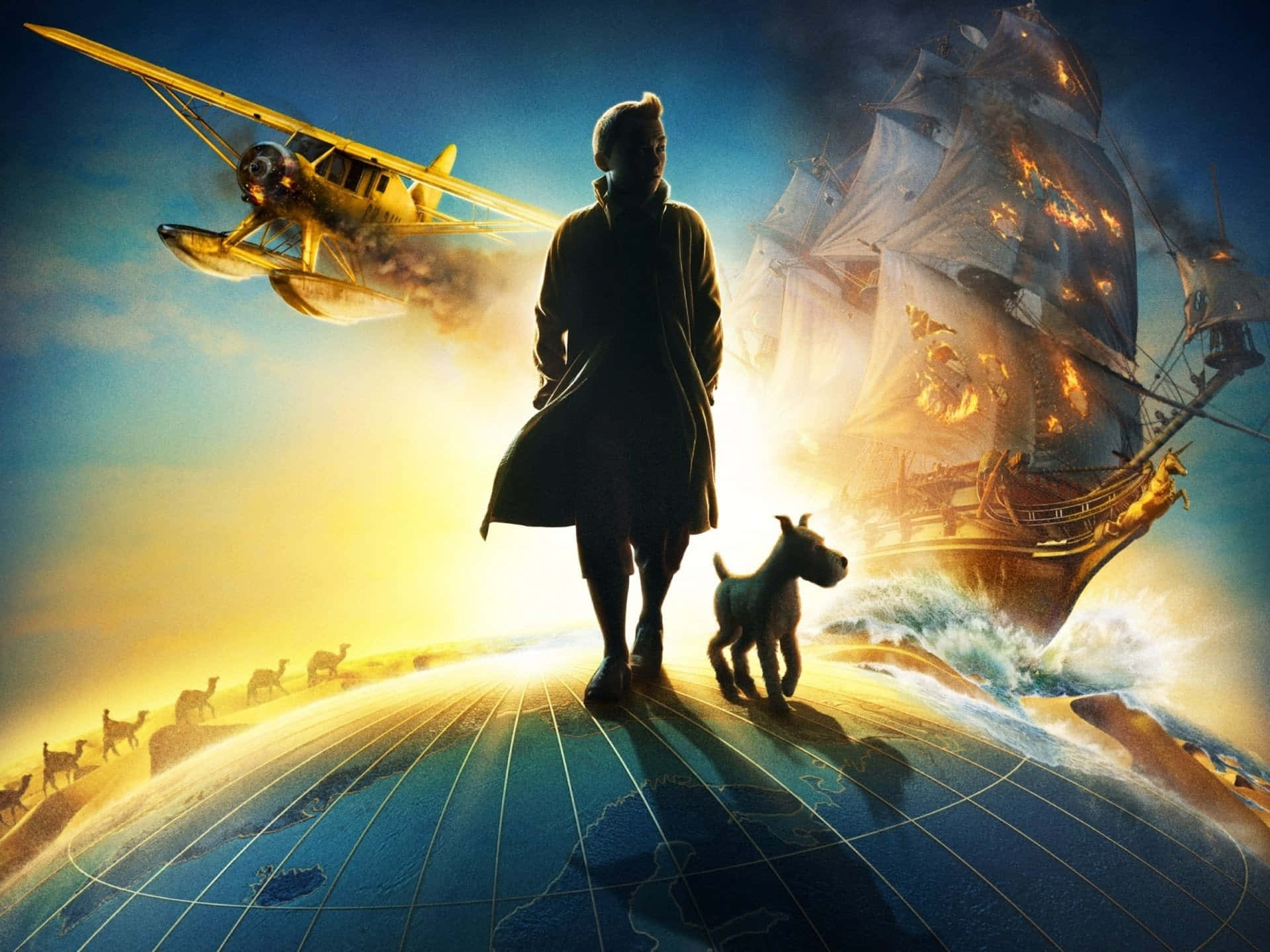 The Adventures Of Tintin, silhouette poster, glowing globe, Full HD Desktop Wallpaper
