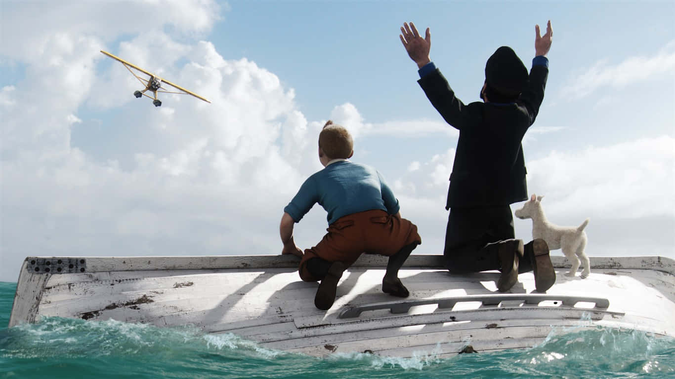 The Adventures Of Tintin, yellow biplane, weathered boat, HD Desktop Wallpaper