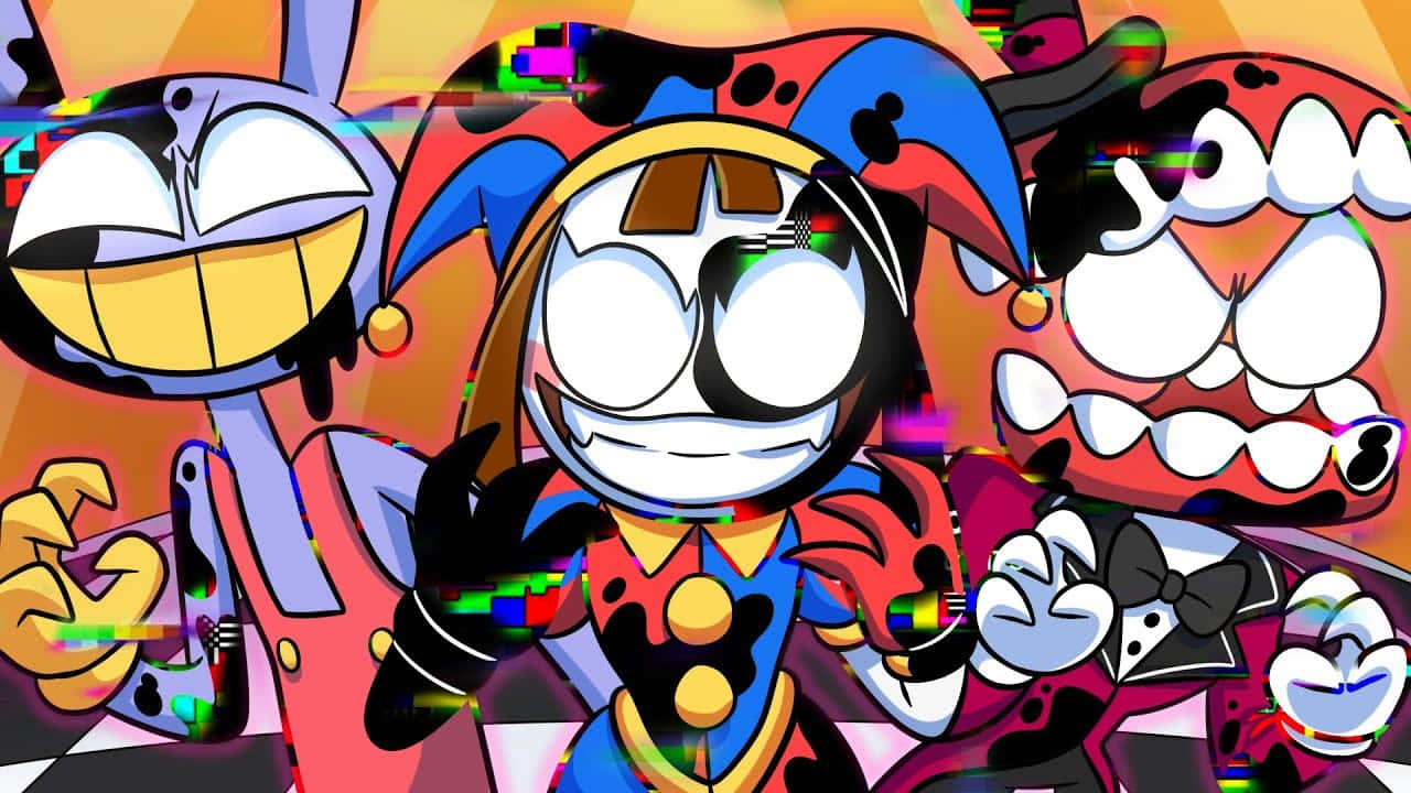 Vibrant Cartoon Circus Characters, glitch effects, exaggerated grins, HD Desktop Wallpaper