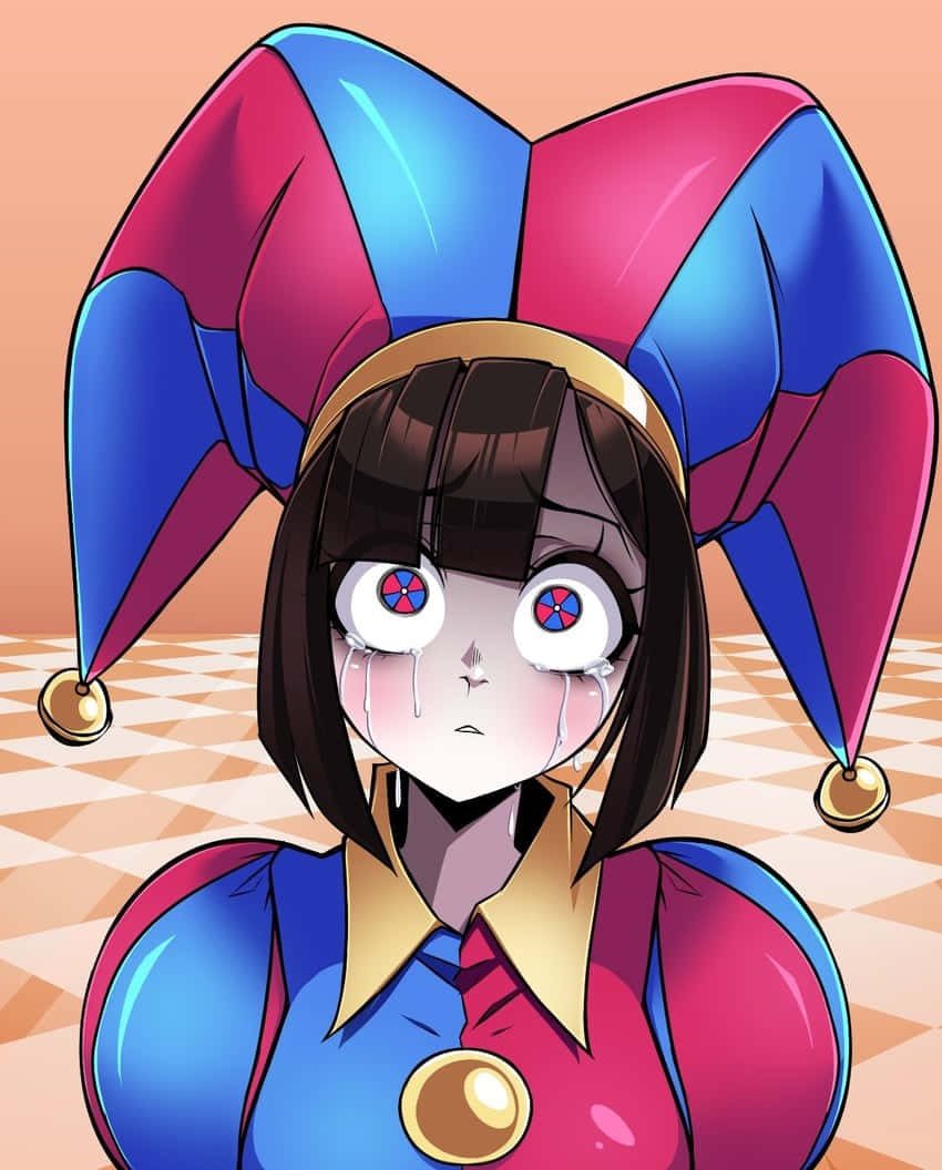 anime jester girl, large red and blue eyes, checkered floor background, SD Phone Wallpaper