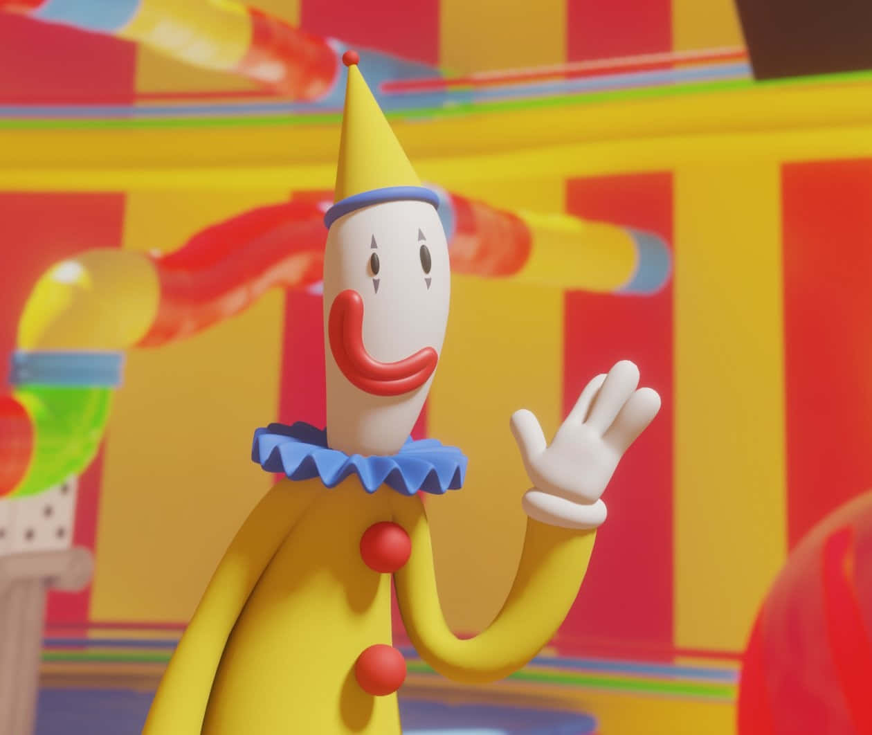 Colorful Clown Greeting, yellow outfit, vibrant striped circus backdrop, SD Desktop Wallpaper