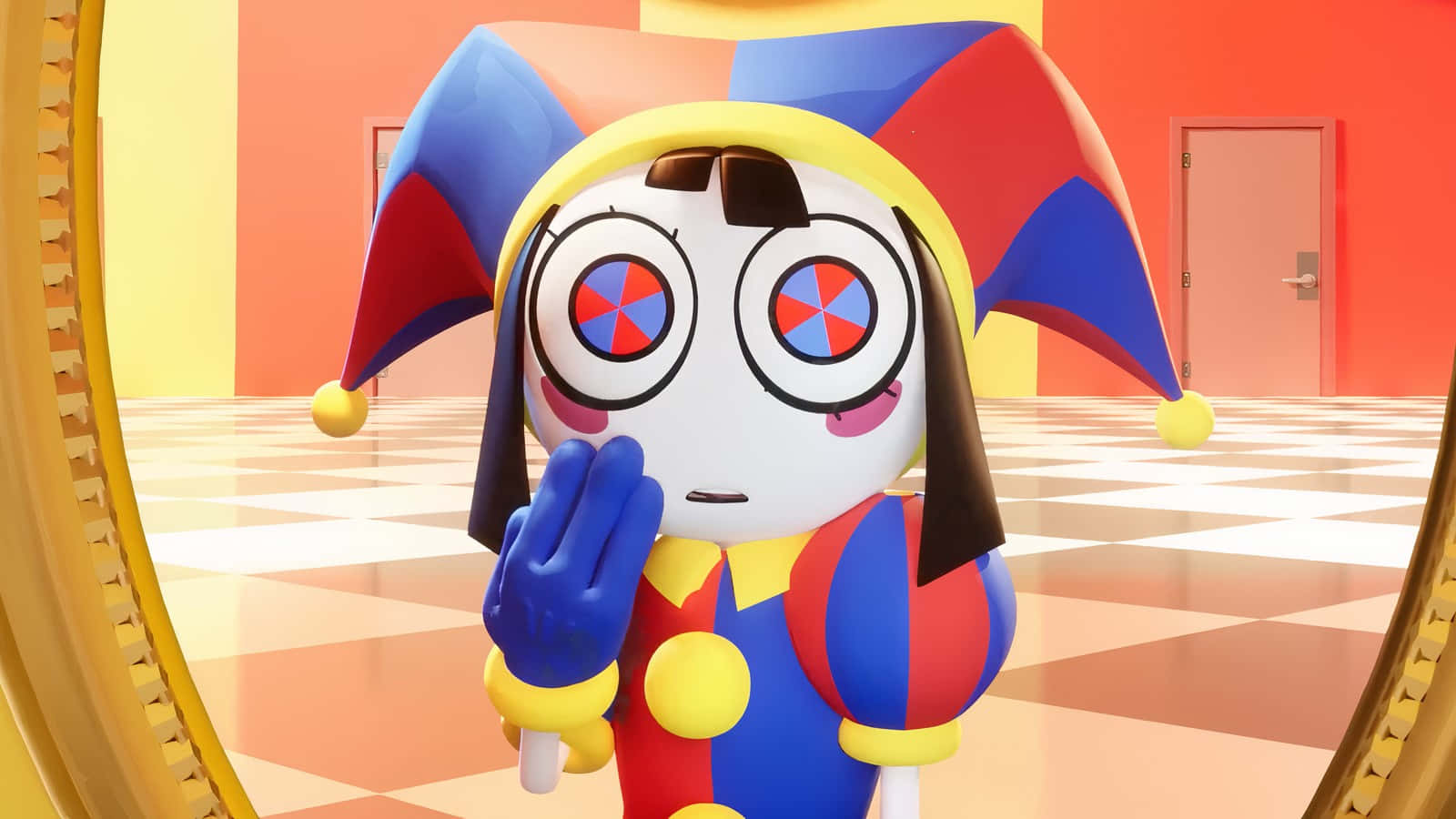 colorful jester character, colorful checkered hat, spinning eyes, HD Desktop Wallpaper