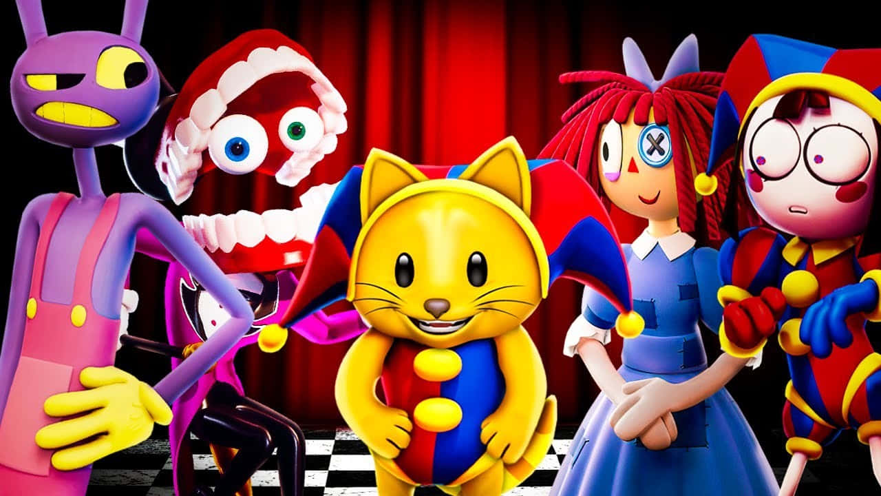 Digital Circus, red curtain, colorful cartoon characters, HD Desktop Wallpaper