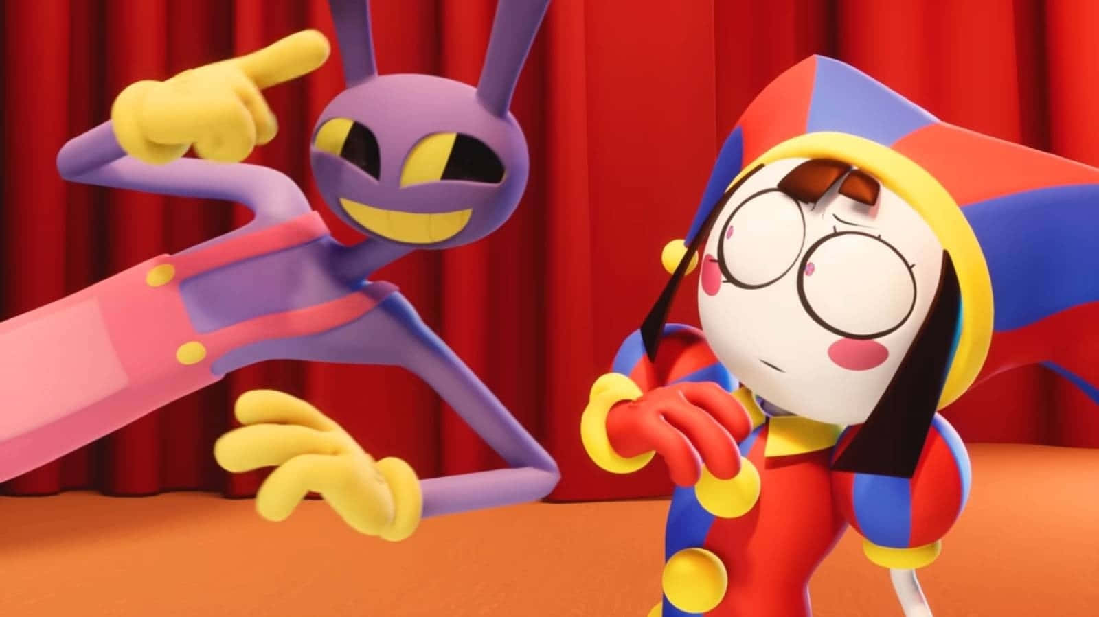 purple rabbit, jester girl, red curtain backdrop, HD Desktop Wallpaper