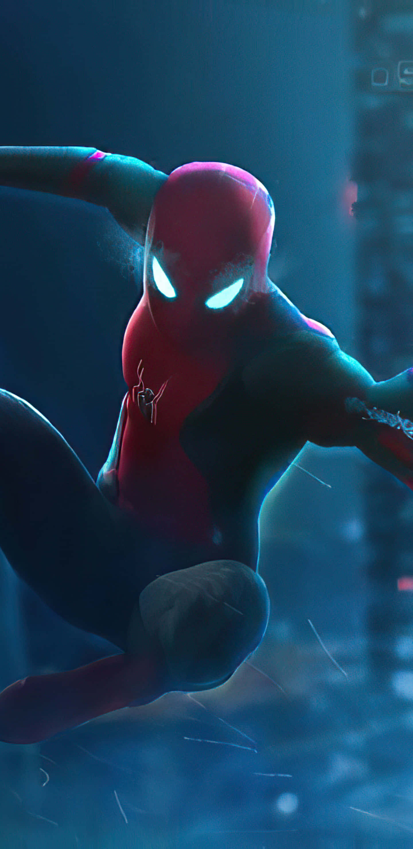 Spider Man, red and blue suit, rainy neon cityscape, 2K Phone Wallpaper