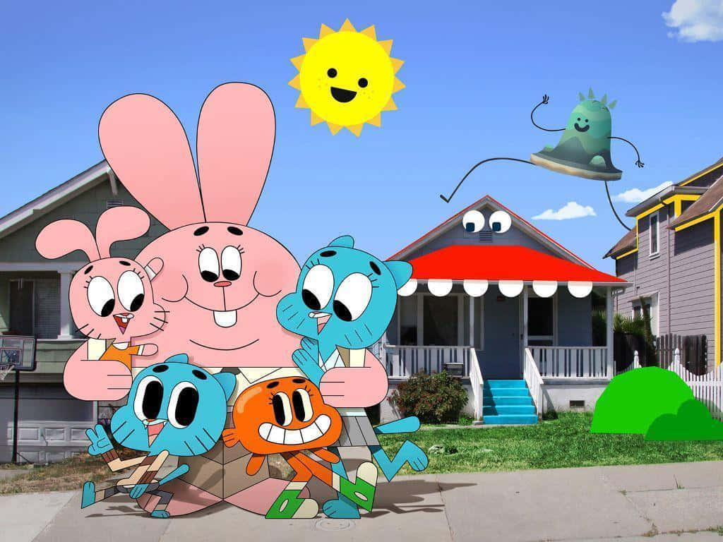 The Amazing World of Gumball, cheerful characters, suburban house, SD Desktop Wallpaper