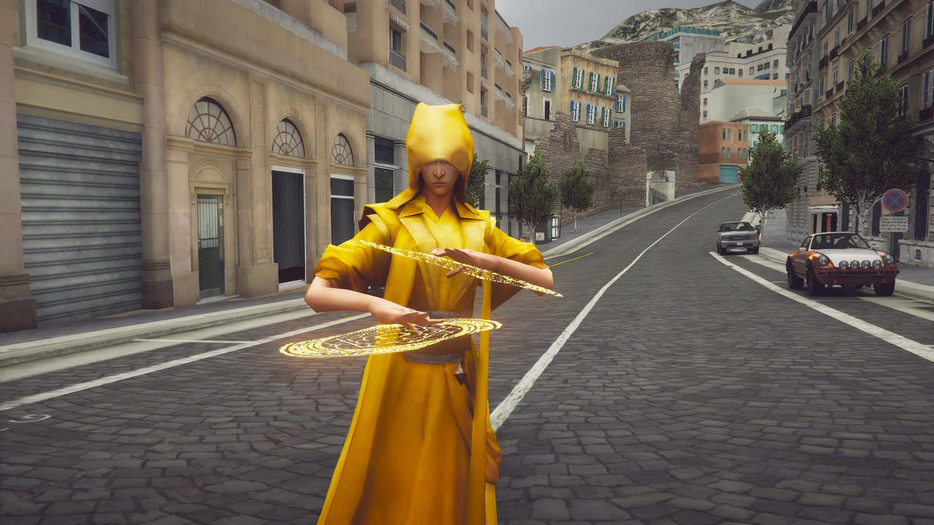 The Ancient One, bright yellow hooded robe, glowing golden discs, Full HD Desktop Wallpaper