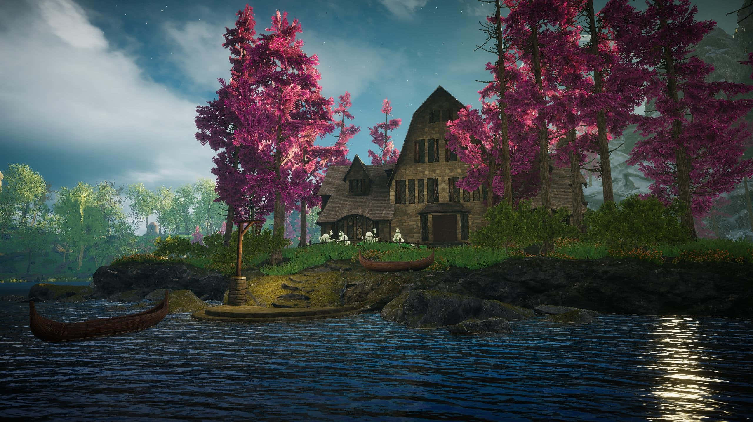 Farthing Wood, stone cottage, lakeside island, 2K Desktop Wallpaper