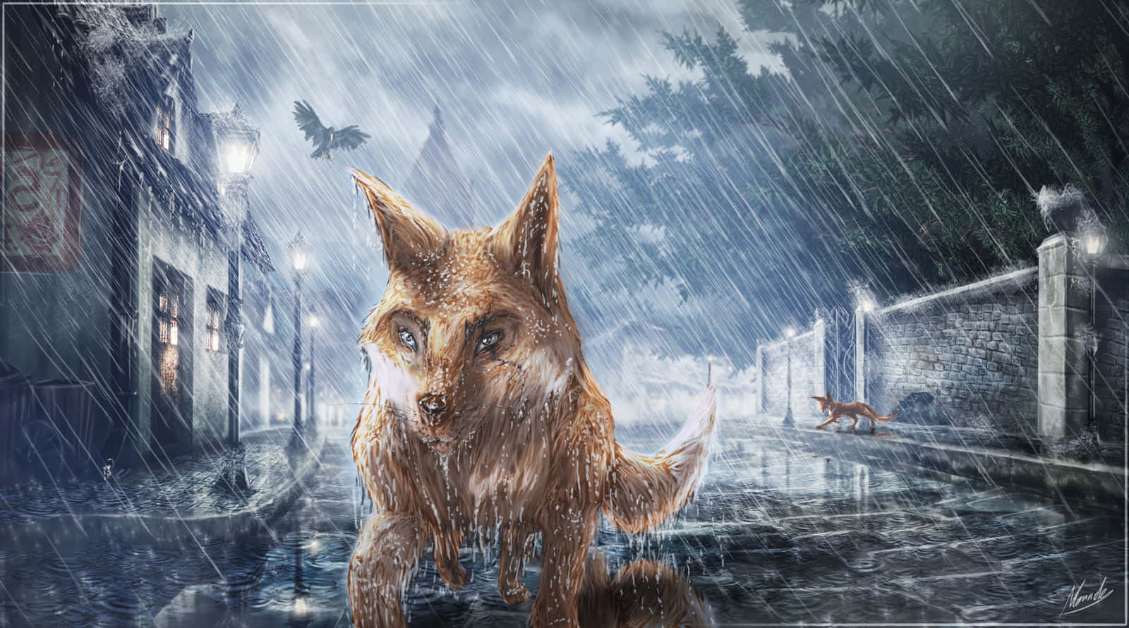 Rainy Night In The Animals Of Farthing Wood, fox, rain-slicked cobblestone street, HD Desktop Wallpaper