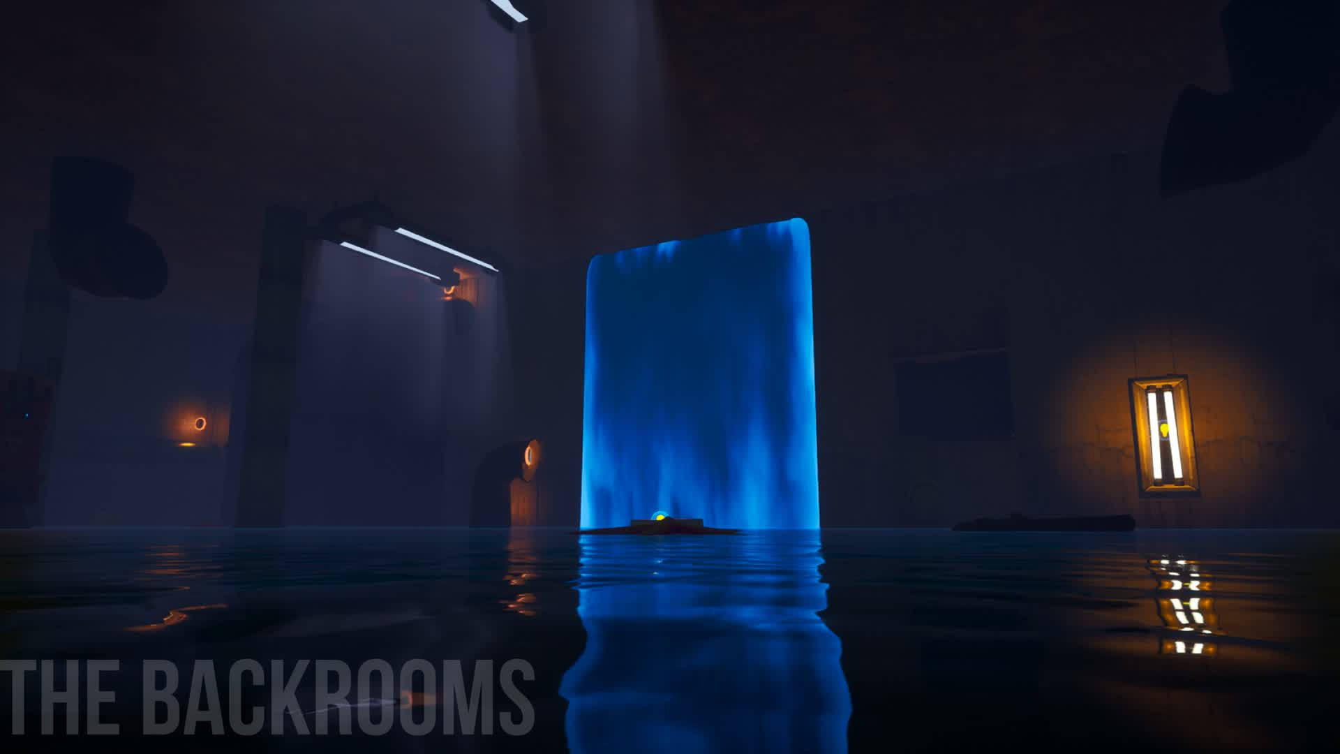 The Backrooms, glowing blue portal, flickering lights, Full HD Desktop Wallpaper