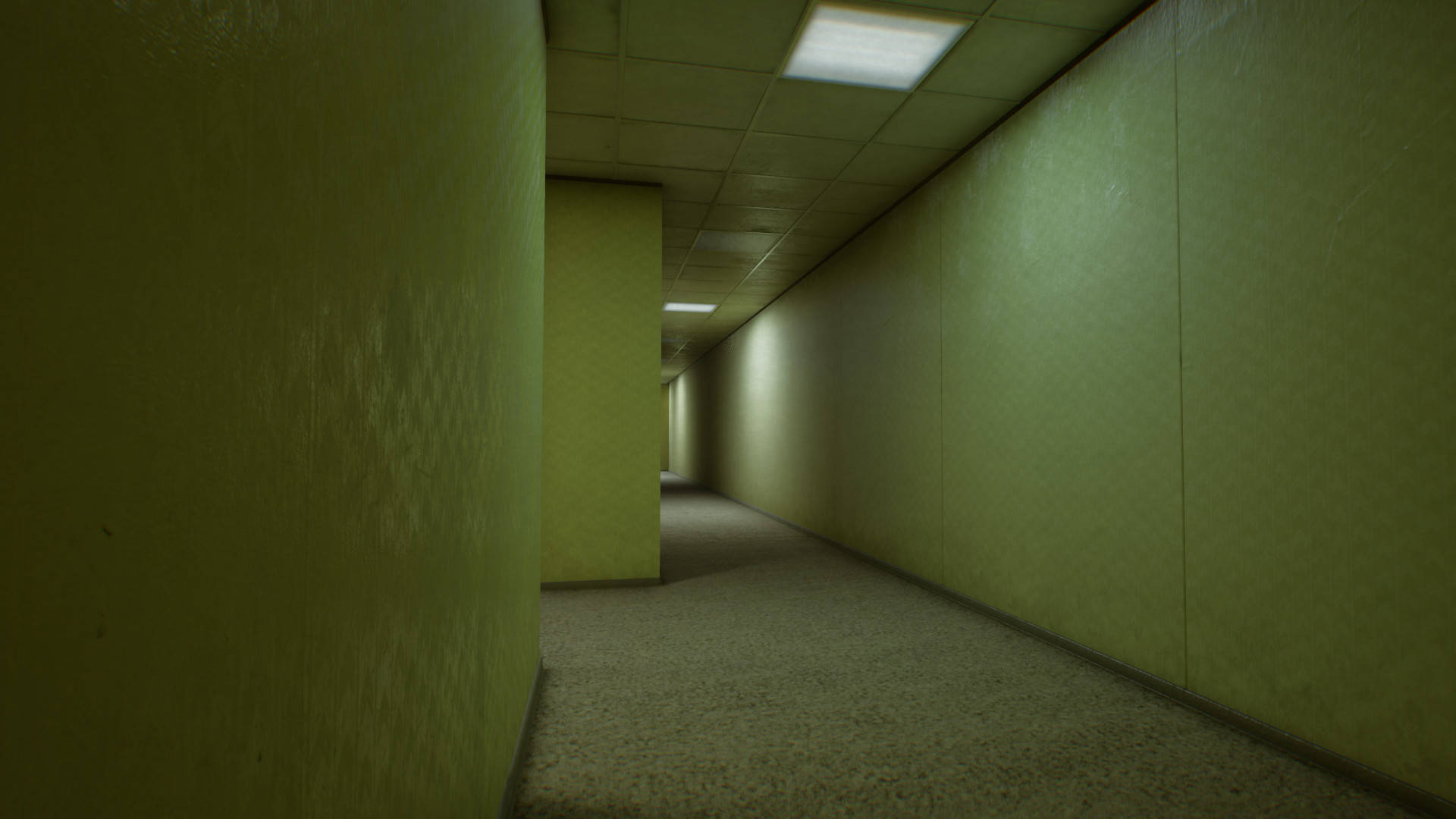 The Backrooms, pale green walls, carpeted floor, Full HD Desktop Wallpaper
